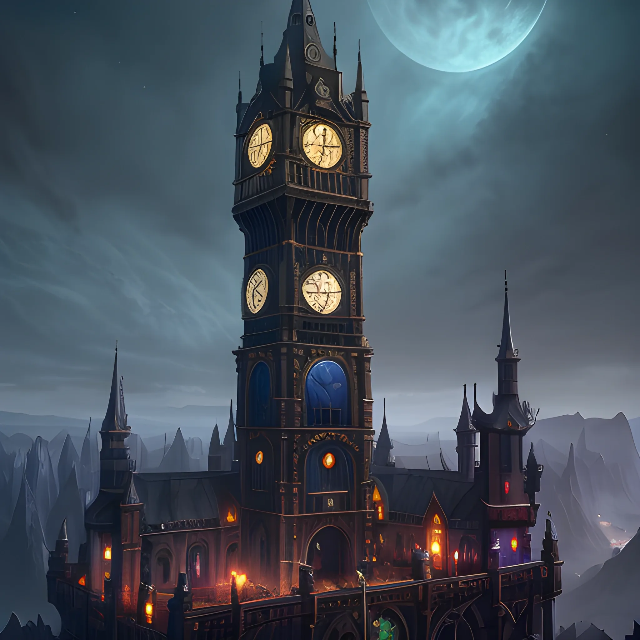 magic clock tower, mystical clock tower, night, high fantasy, 8k, high resolution, high quality, detailed, detailed matte painting, deep color, fantastical, intricate detail, splash screen, complementary colors, fantasy concept art, 8k resolution trending on Artstation Unreal Engine