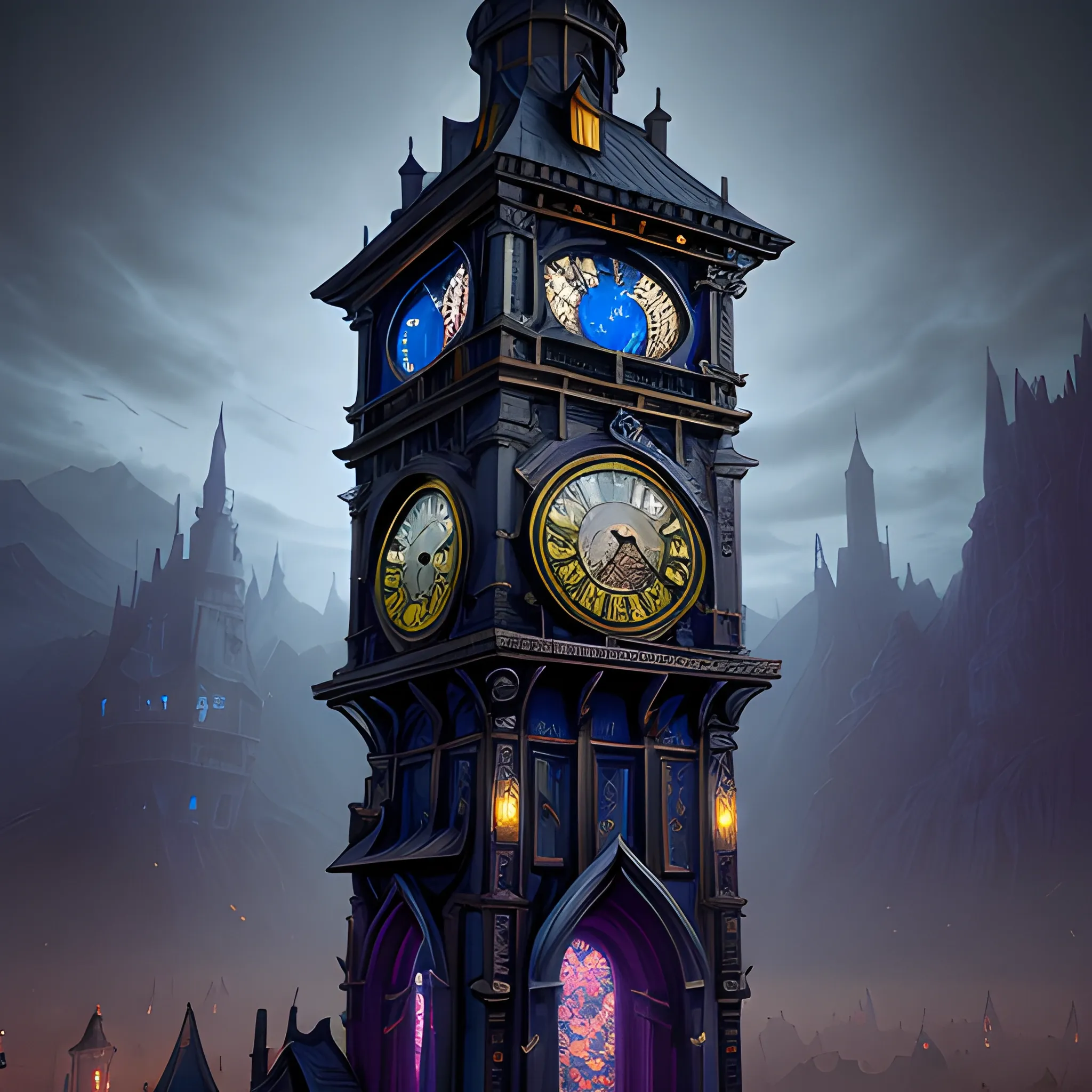 mystical clock tower, mygic clock tower, night, high fantasy, 8k, high resolution, high quality, detailed, detailed matte painting, deep color, fantastical, intricate detail, splash screen, complementary colors, fantasy concept art, 8k resolution trending on Artstation Unreal Engine