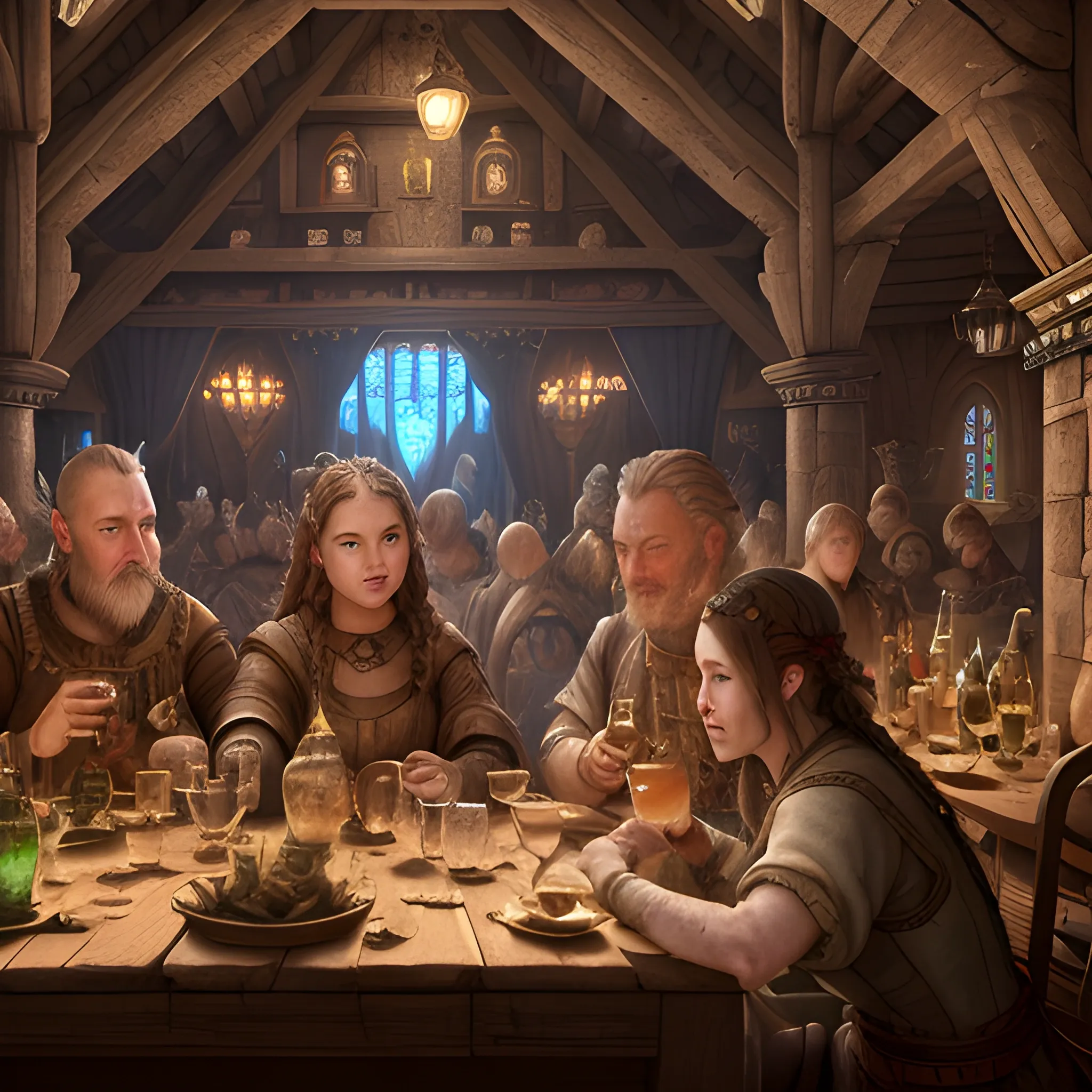 People in the inn, poeple drinking alcohol, many people, insane detailed faces, high fantasy, 8k, high resolution, high quality, photorealistic, hyperrealistic, detailed, detailed matte painting, deep color, fantastical, intricate detail, splash screen, complementary colors, fantasy concept art, 8k resolution trending on Artstation Unreal Engine