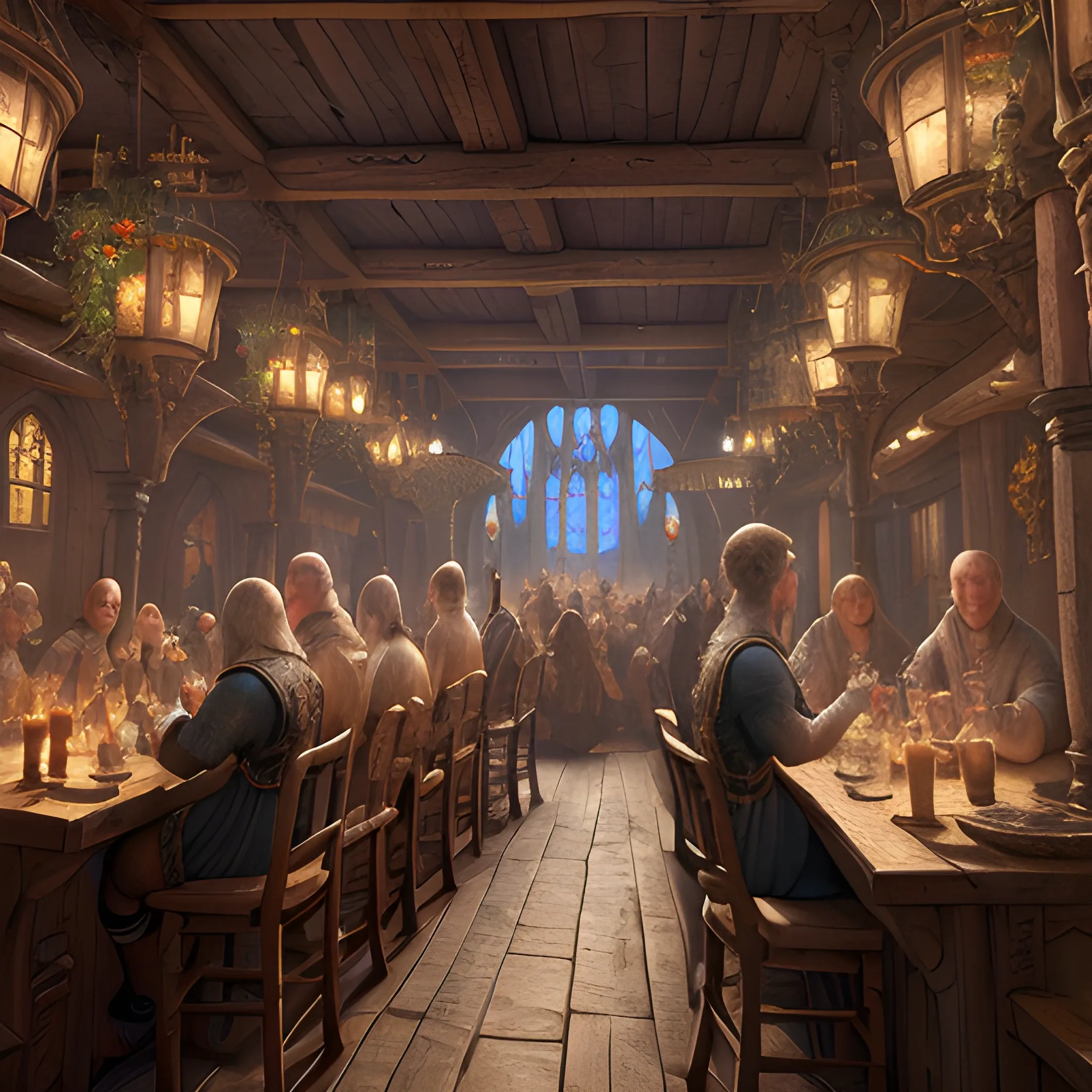 People in the inn, poeple drinking alcohol, many people, insane detailed faces, high fantasy, 8k, high resolution, high quality, photorealistic, hyperrealistic, detailed, detailed matte painting, deep color, fantastical, intricate detail, splash screen, complementary colors, fantasy concept art, 8k resolution trending on Artstation Unreal Engine