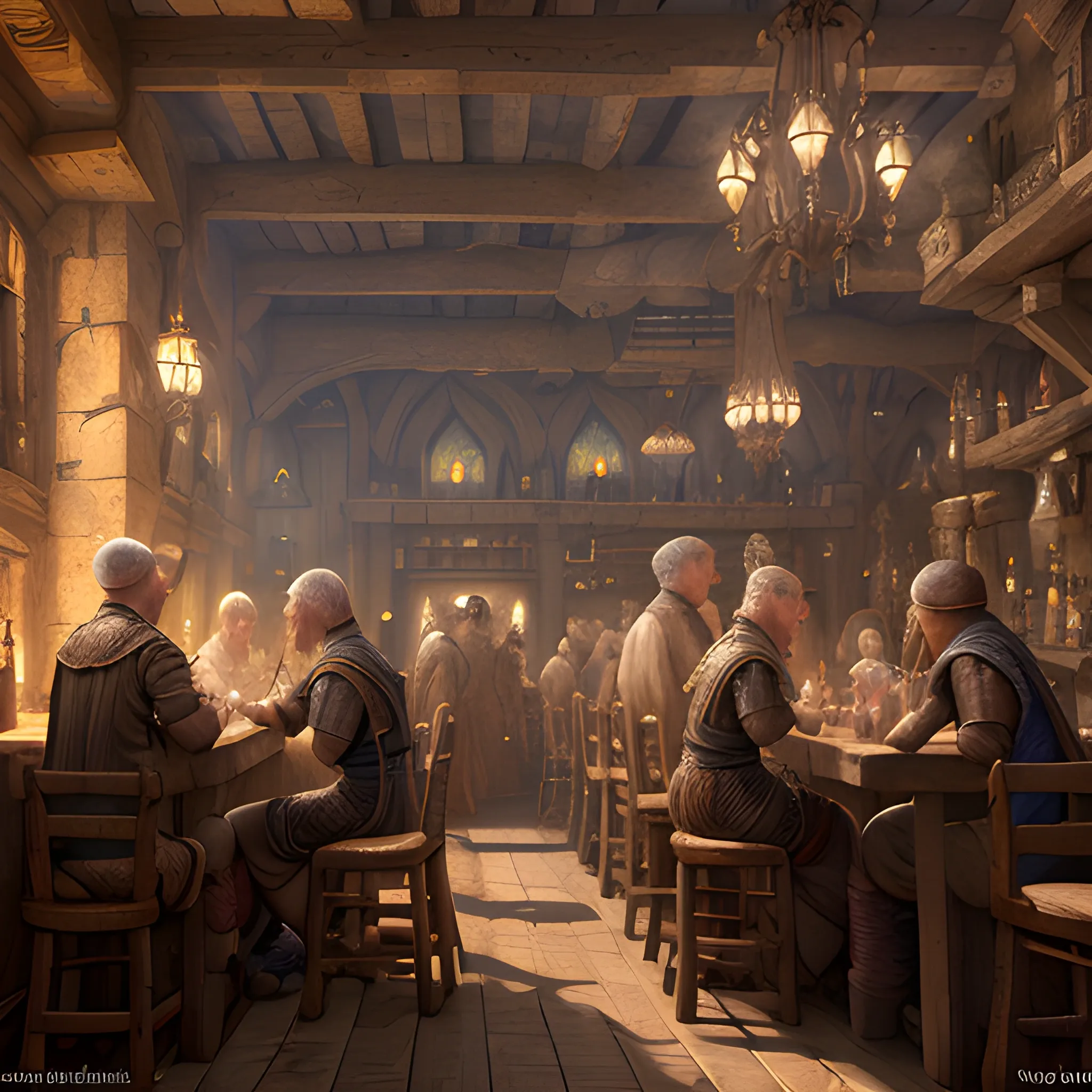 People in the inn, poeple drinking alcohol, many people, insane detailed faces, high fantasy, 8k, high resolution, high quality, photorealistic, hyperrealistic, detailed, detailed matte painting, deep color, fantastical, intricate detail, splash screen, complementary colors, fantasy concept art, 8k resolution trending on Artstation Unreal Engine