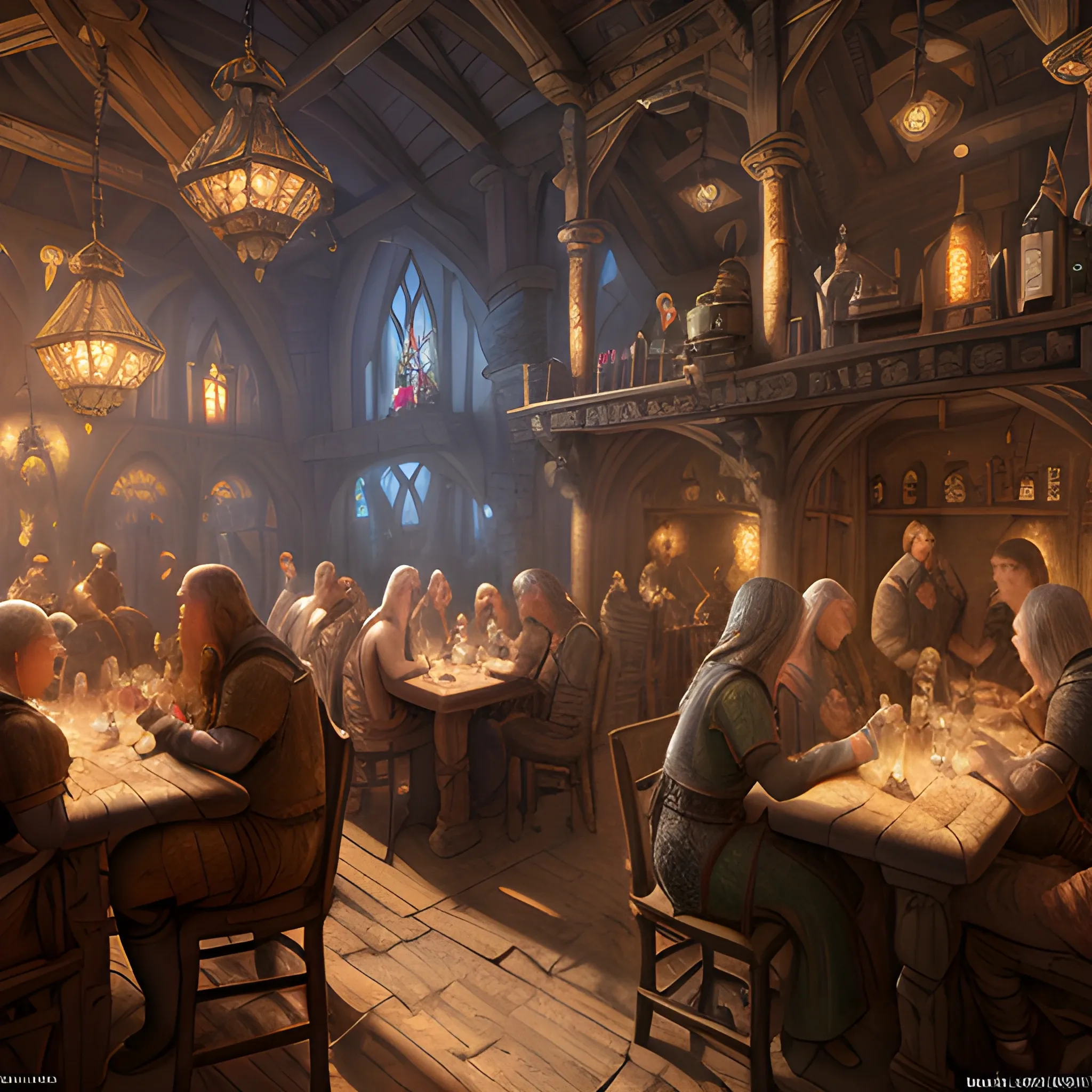 People in the inn, poeple drinking alcohol, many people, insane detailed faces, high fantasy, 8k, high resolution, high quality, photorealistic, hyperrealistic, detailed, detailed matte painting, deep color, fantastical, intricate detail, splash screen, complementary colors, fantasy concept art, 8k resolution trending on Artstation Unreal Engine