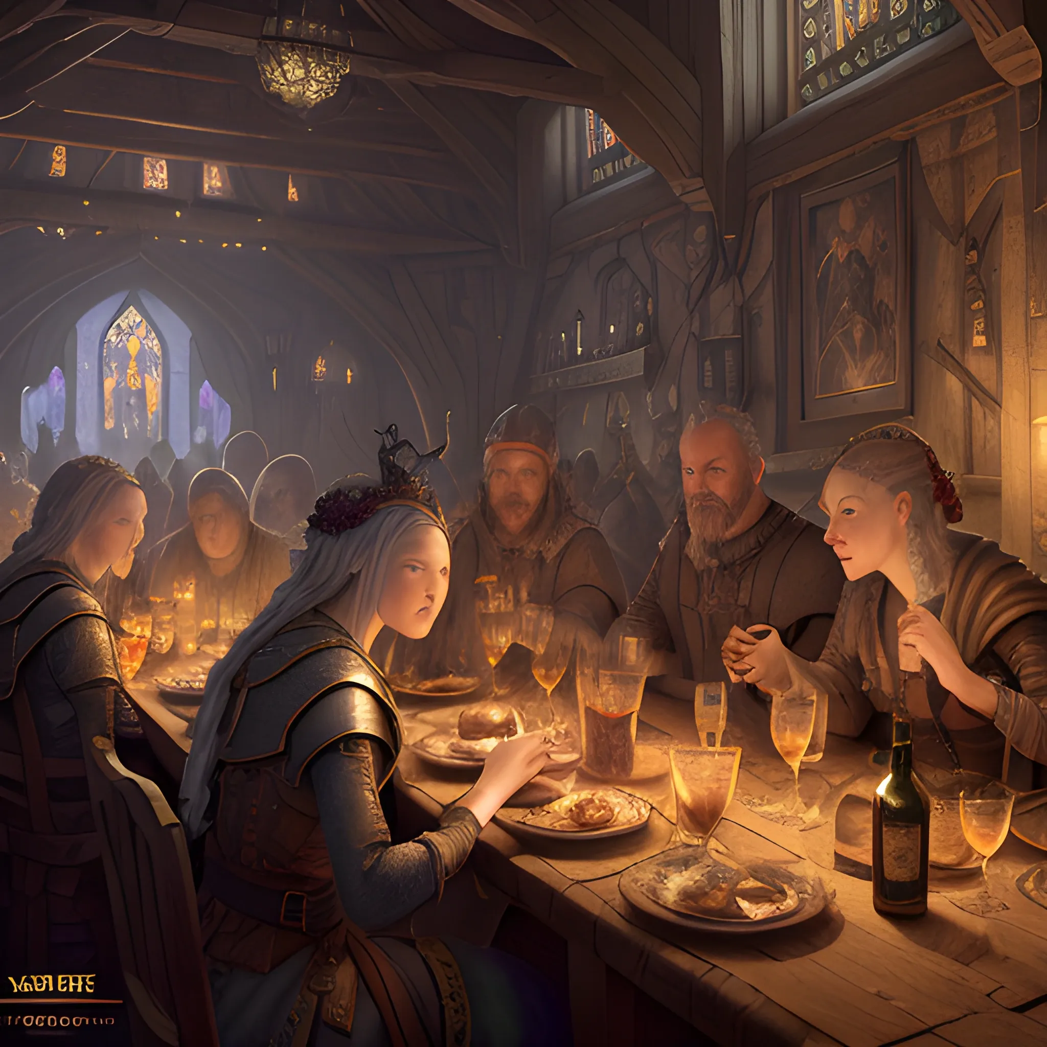 People in the inn, poeple drinking alcohol, many people, insane detailed faces, high fantasy, 8k, high resolution, high quality, photorealistic, hyperrealistic, detailed, detailed matte painting, deep color, fantastical, intricate detail, splash screen, complementary colors, fantasy concept art, 8k resolution trending on Artstation Unreal Engine