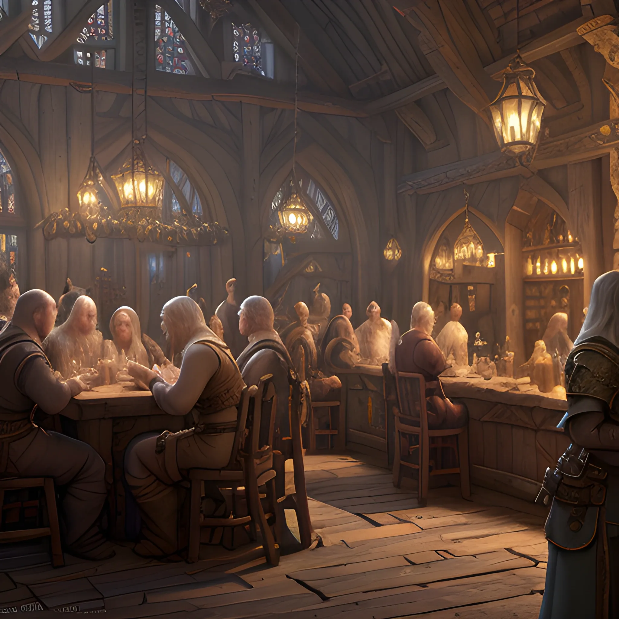 People in the inn, poeple drinking alcohol, many people, insane detailed faces, high fantasy, 8k, high resolution, high quality, photorealistic, hyperrealistic, detailed, detailed matte painting, deep color, fantastical, intricate detail, splash screen, complementary colors, fantasy concept art, 8k resolution trending on Artstation Unreal Engine