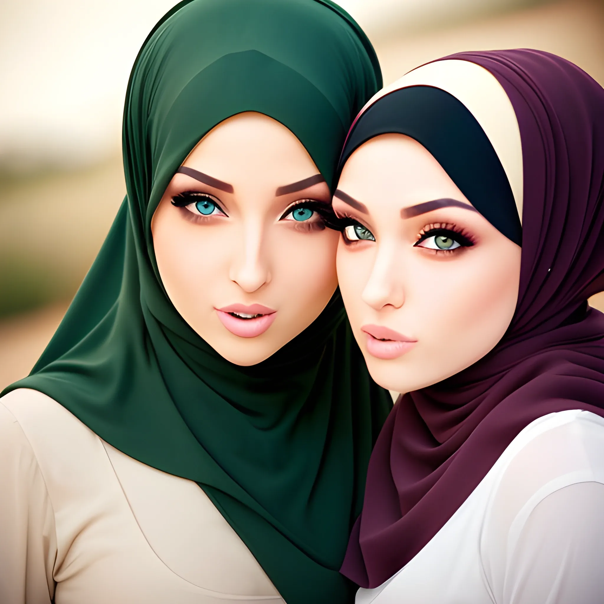 two sexy hijab babes model face green eyes kissing