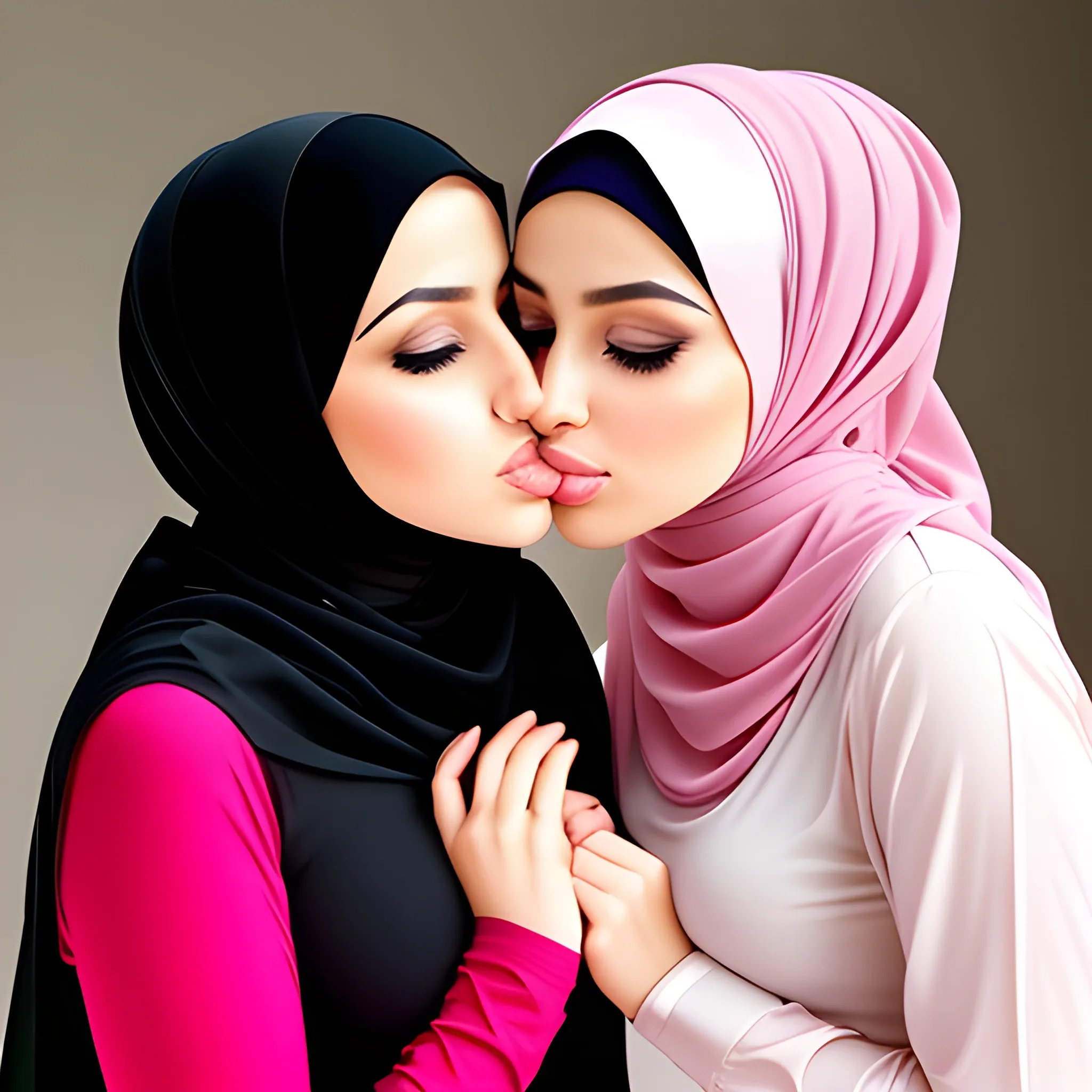 two sexy hijab babes model beautiful face kissing 