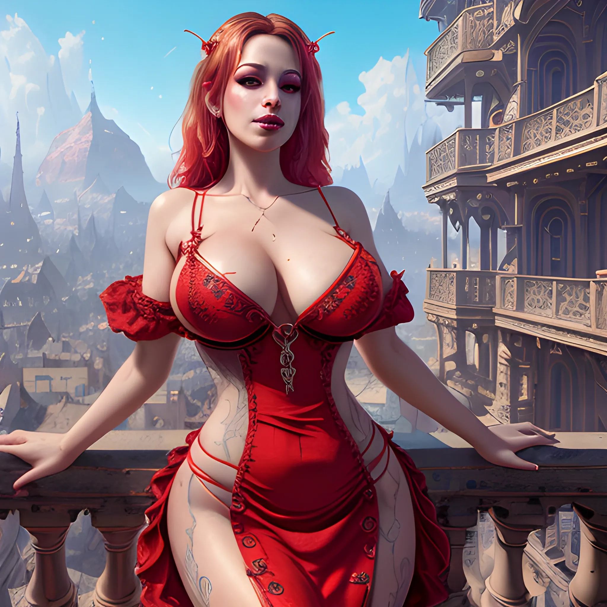 beautiful prostitute, big breasty, red dress, view above waist,, high fantasy, 8k, high resolution, high quality, photorealistic, hyperrealistic, detailed, detailed matte painting, deep color, fantastical, intricate detail, splash screen, complementary colors, fantasy concept art, 8k resolution trending on Artstation Unreal Engine