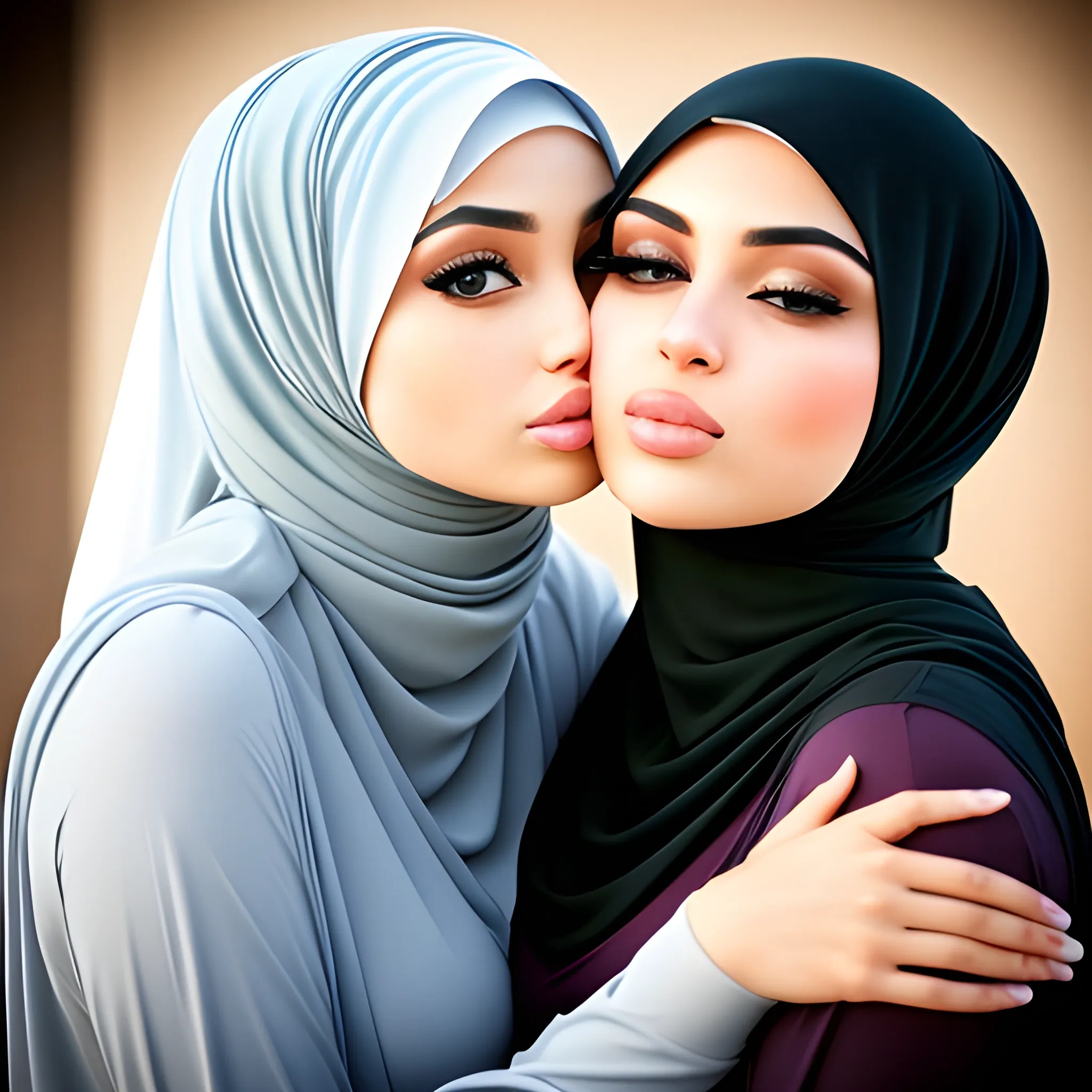 two sexy hijab babes model beautiful face kissing 