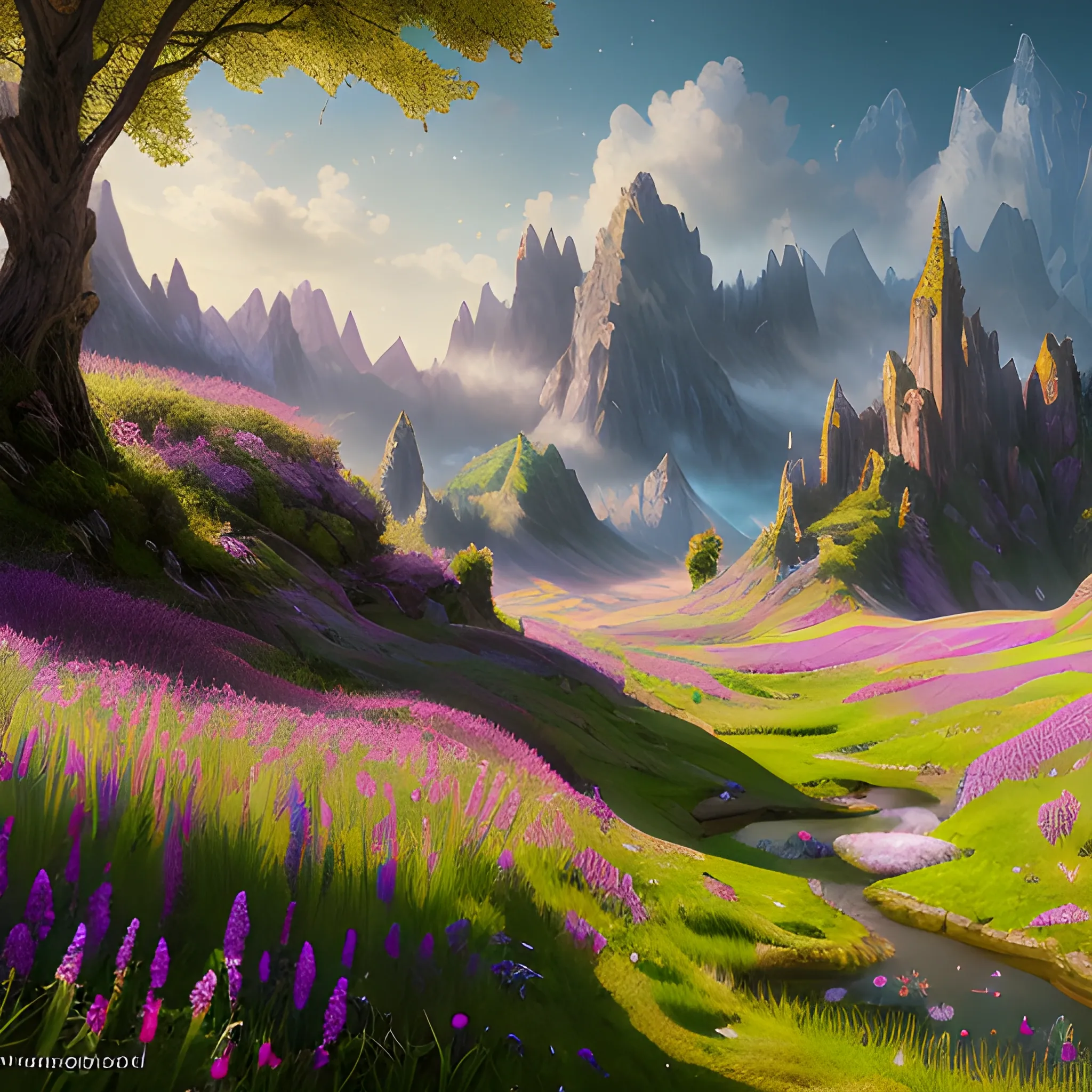 Beautiful meadow, sunny, high fantasy, 8k, high resolution, high quality, photorealistic, hyperrealistic, detailed, detailed matte painting, deep color, fantastical, intricate detail, splash screen, complementary colors, fantasy concept art, 8k resolution trending on Artstation Unreal Engine 5