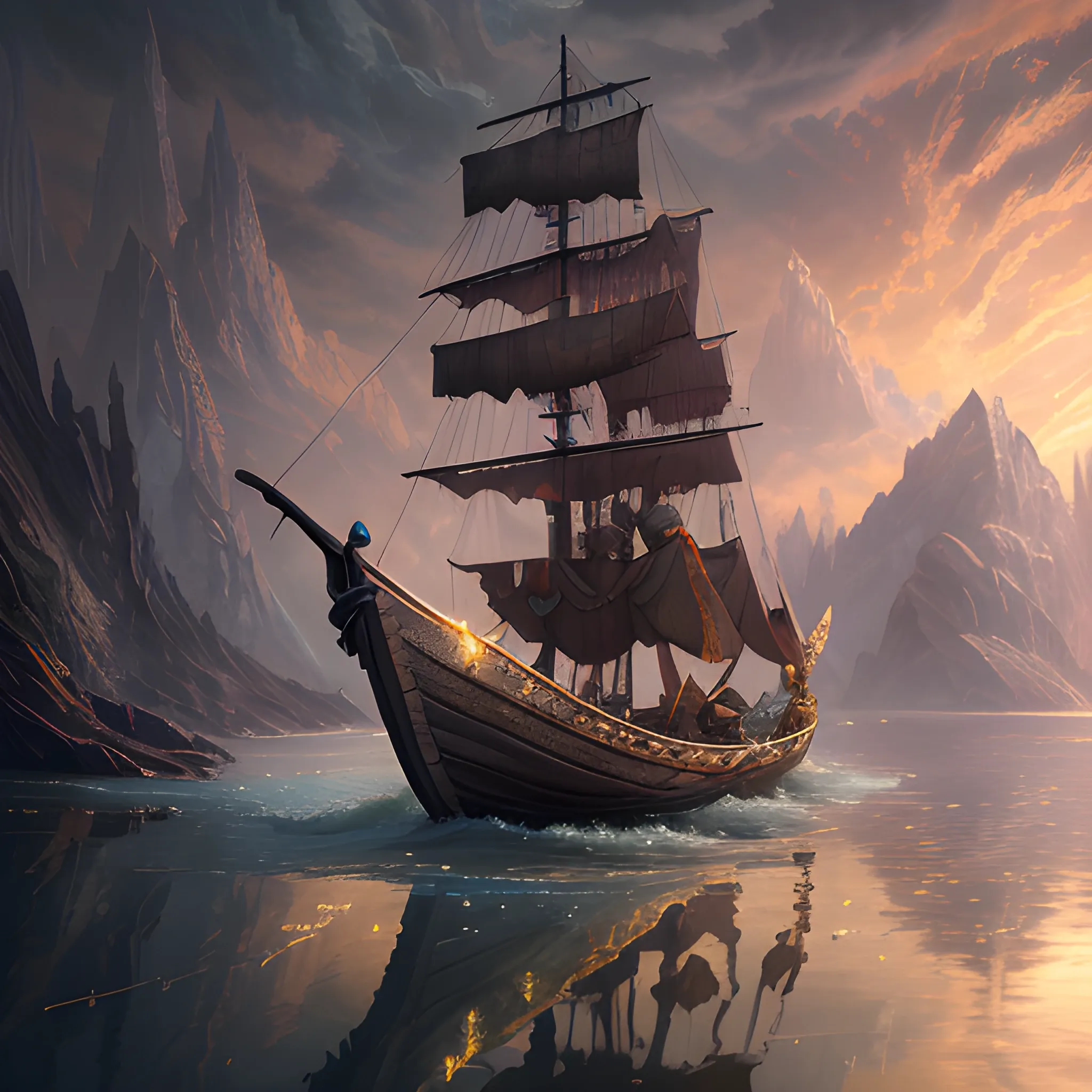 wooden boat, high fantasy, 8k, high resolution, high quality, photorealistic, hyperrealistic, detailed, detailed matte painting, deep color, fantastical, intricate detail, splash screen, complementary colors, fantasy concept art, 8k resolution trending on Artstation Unreal Engine