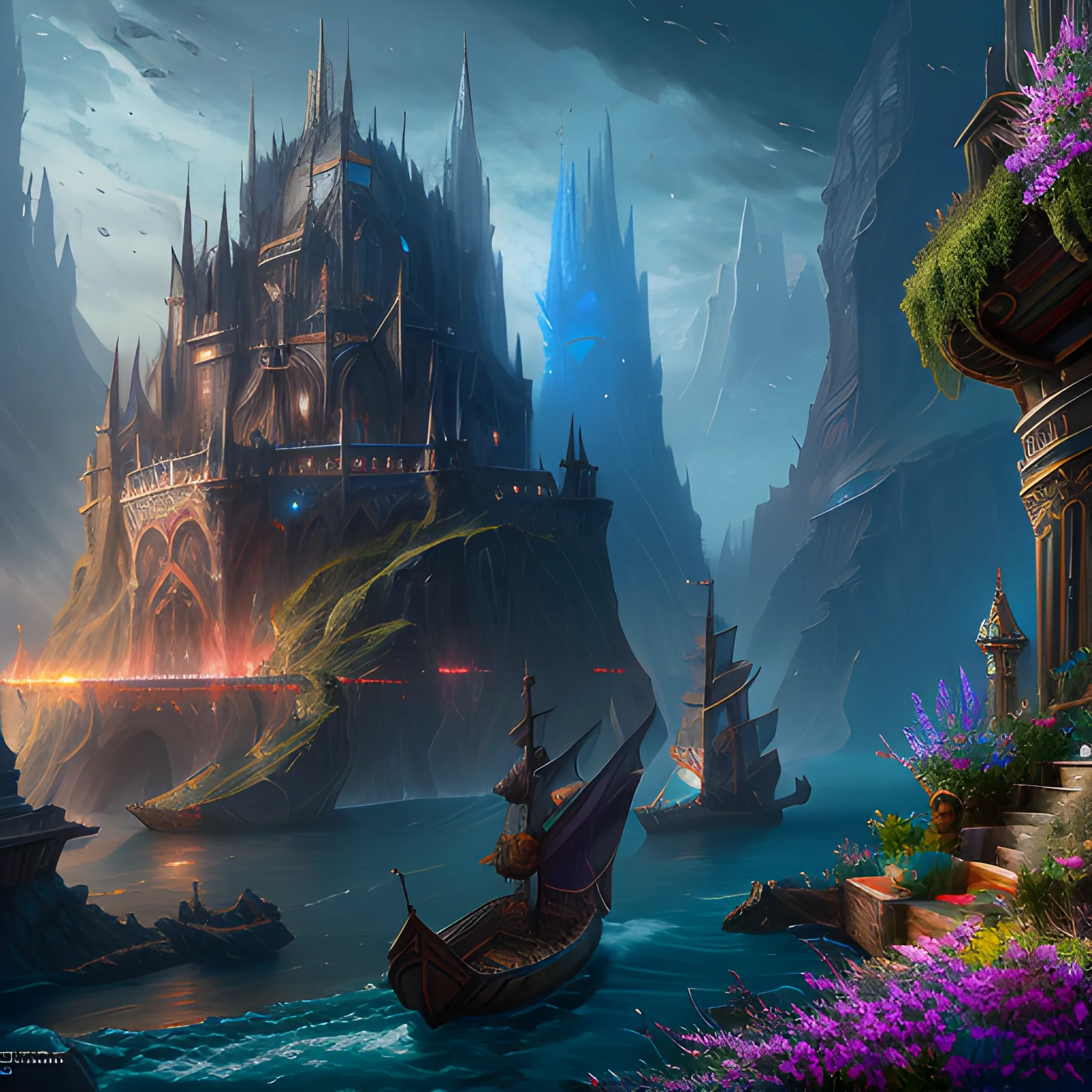 little boat, high fantasy, 8k, high resolution, high quality,  detailed, detailed matte painting, deep color, fantastical, intricate detail, splash screen, complementary colors, fantasy concept art, 8k resolution trending on Artstation Unreal Engine