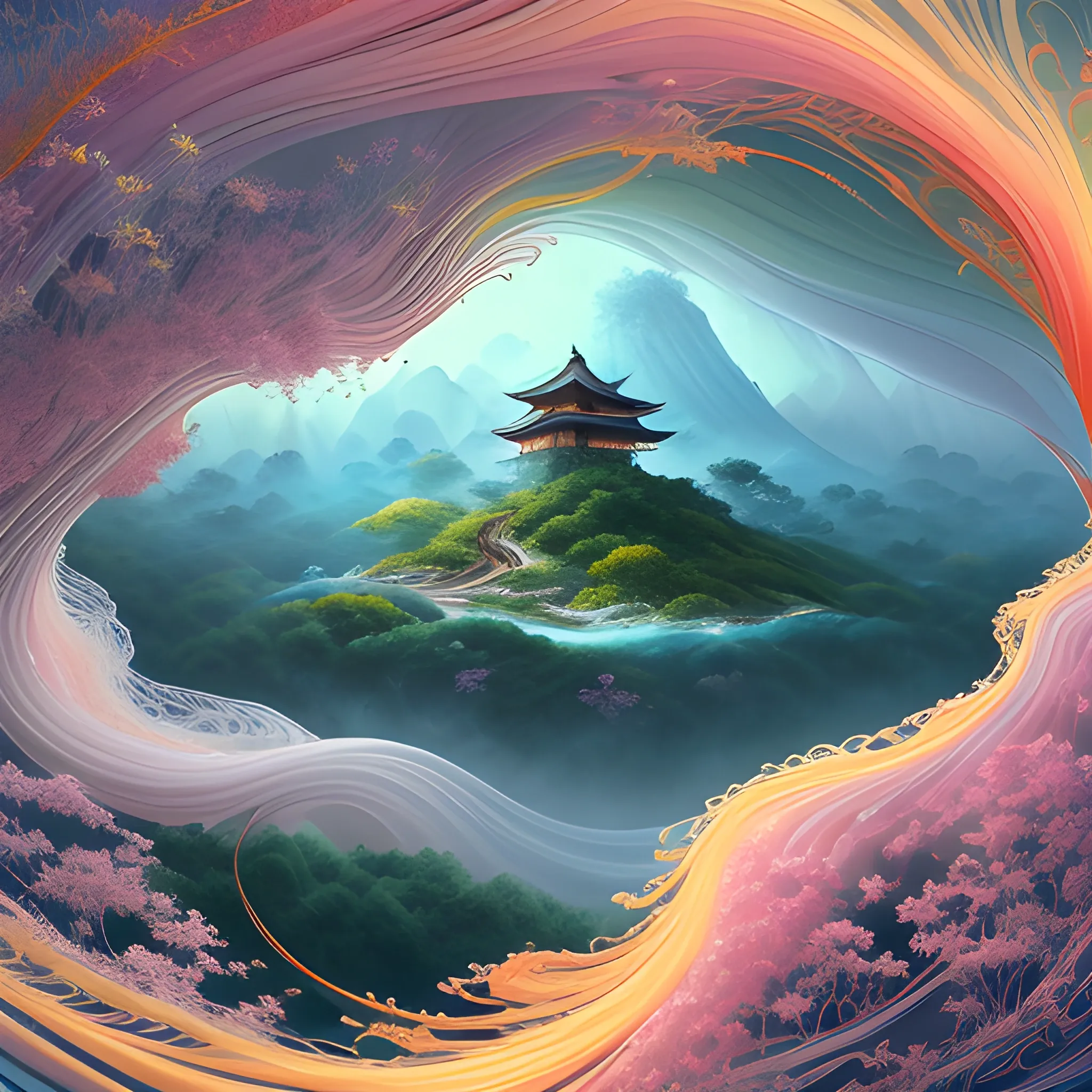 (by Ananta Mandal (and Andrew Biraj:0.5)), (in the style of nihonga), Style: Abstract, Medium: Digital illustration, Subject: An otherworldly landscape with floating islands, cascading waterfalls, and vibrant flora and fauna. Camera Angle: Overhead shot capturing the vastness and intricate details of the scene. The colors are saturated, and the lighting creates a warm and ethereal atmosphere. The painting is highly detailed, with every brushstroke capturing the complexity of the imaginary world., (high quality), (detailed), (masterpiece), (best quality), (highres), (extremely detailed), (8k)