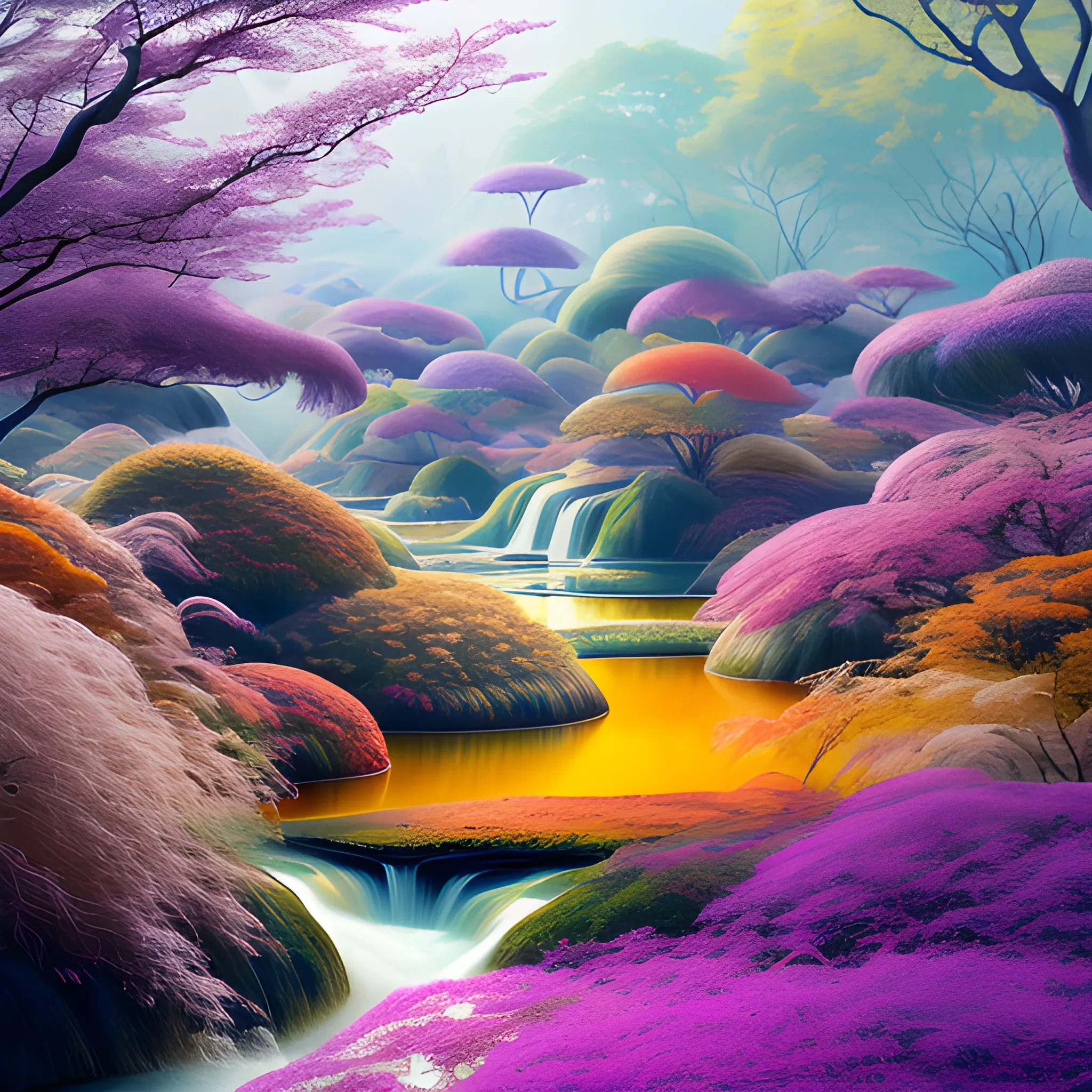 (by Ananta Mandal (and Andrew Biraj:0.5)), (in the style of nihonga), Style: Abstract, Medium: Digital illustration, Subject: An otherworldly landscape with floating islands, cascading waterfalls, and vibrant flora and fauna. Camera Angle: Overhead shot capturing the vastness and intricate details of the scene. The colors are saturated, and the lighting creates a warm and ethereal atmosphere. The painting is highly detailed, with every brushstroke capturing the complexity of the imaginary world., (high quality), (detailed), (masterpiece), (best quality), (highres), (extremely detailed), (8k), seed:1015789