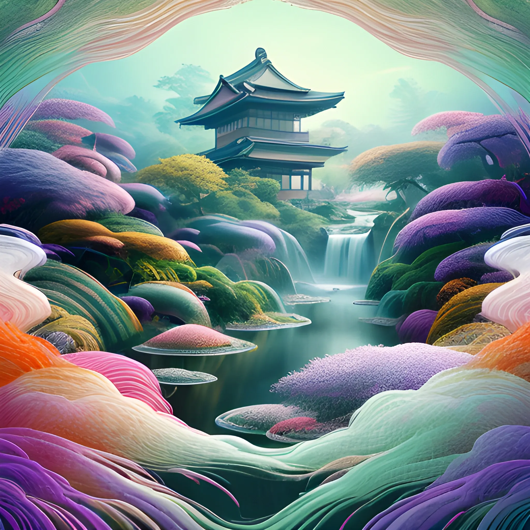 (by Ananta Mandal (and Andrew Biraj:0.5)), (in the style of nihonga), Style: Abstract, Medium: Digital illustration, Subject: An otherworldly landscape with floating islands, cascading waterfalls, and vibrant flora and fauna. Camera Angle: Overhead shot capturing the vastness and intricate details of the scene. The colors are saturated, and the lighting creates a warm and ethereal atmosphere. The painting is highly detailed, with every brushstroke capturing the complexity of the imaginary world., (high quality), (detailed), (masterpiece), (best quality), (highres), (extremely detailed), (8k), seed:1015789