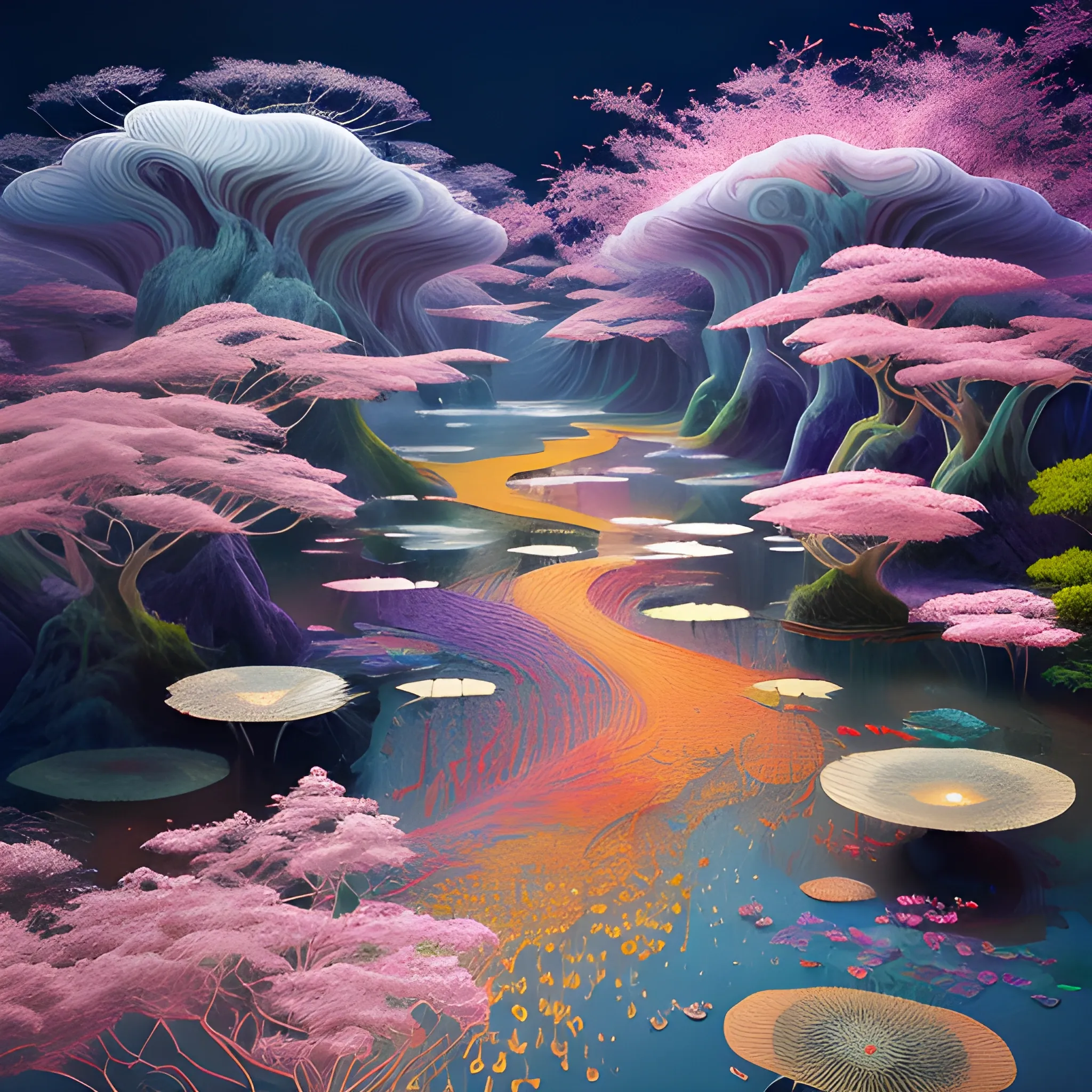 (by Ananta Mandal (and Andrew Biraj:0.5)), (in the style of nihonga), Style: Abstract, Medium: Digital illustration, Subject: An otherworldly landscape with floating islands, cascading waterfalls, and vibrant flora and fauna. Camera Angle: Overhead shot capturing the vastness and intricate details of the scene. The colors are saturated, and the lighting creates a warm and ethereal atmosphere. The painting is highly detailed, with every brushstroke capturing the complexity of the imaginary world., (high quality), (detailed), (masterpiece), (best quality), (highres), (extremely detailed), (8k), seed:1015689
