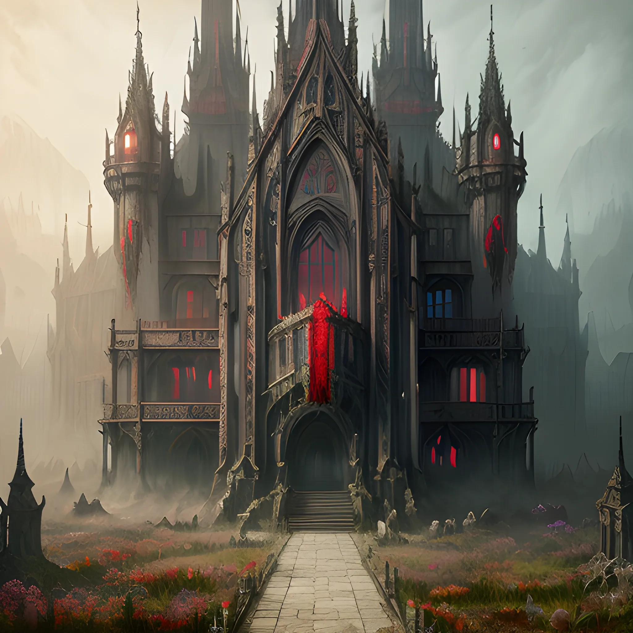 bloody hall, high fantasy, 8k, high resolution, high quality, photorealistic, hyperrealistic, detailed, detailed matte painting, deep color, fantastical, intricate detail, splash screen, complementary colors, fantasy concept art, 8k resolution trending on Artstation Unreal Engine