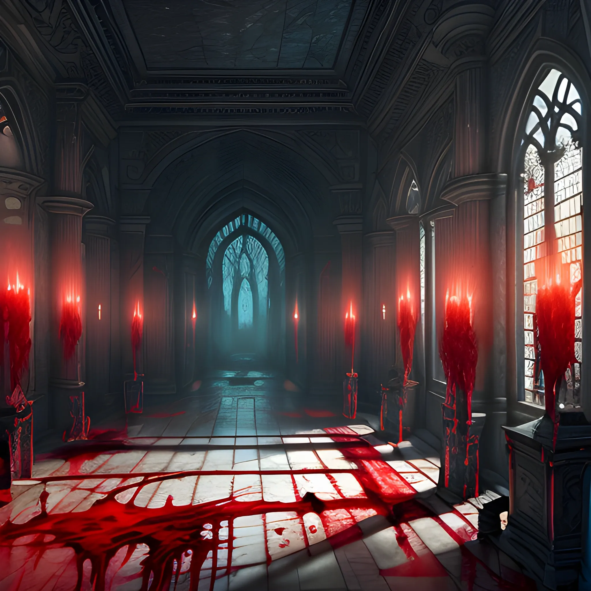 bloody hall, view from inside, blood, bloody ritual, high fantasy, 8k, high resolution, high quality, photorealistic, hyperrealistic, detailed, detailed matte painting, deep color, fantastical, intricate detail, splash screen, complementary colors, fantasy concept art, 8k resolution trending on Artstation Unreal Engine