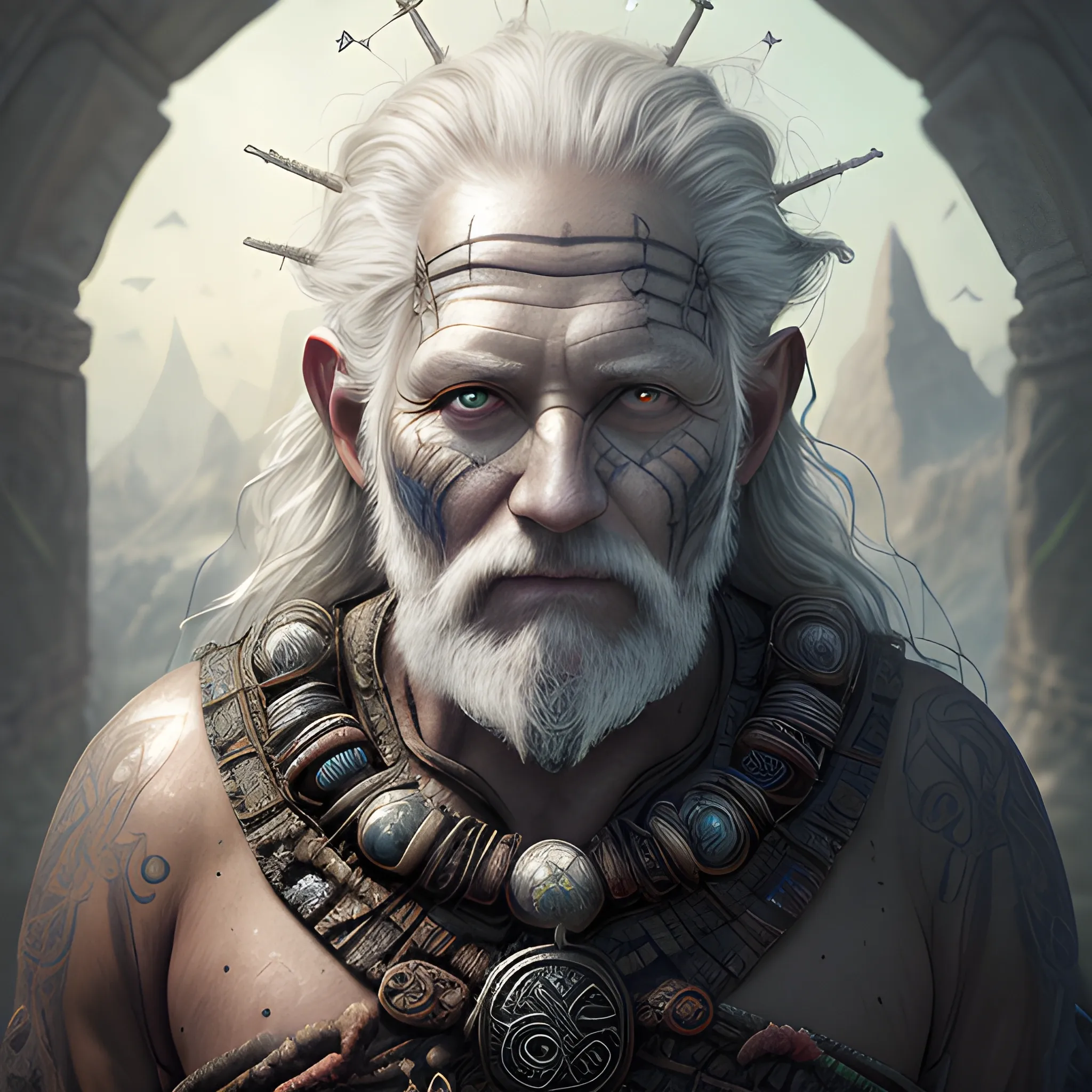 very old man, mystical man, ancient man, runes on face, view above waist, high fantasy, 8k, high resolution, high quality, photorealistic, hyperrealistic, detailed, detailed matte painting, deep color, fantastical, intricate detail, splash screen, complementary colors, fantasy concept art, 8k resolution trending on Artstation Unreal Engine