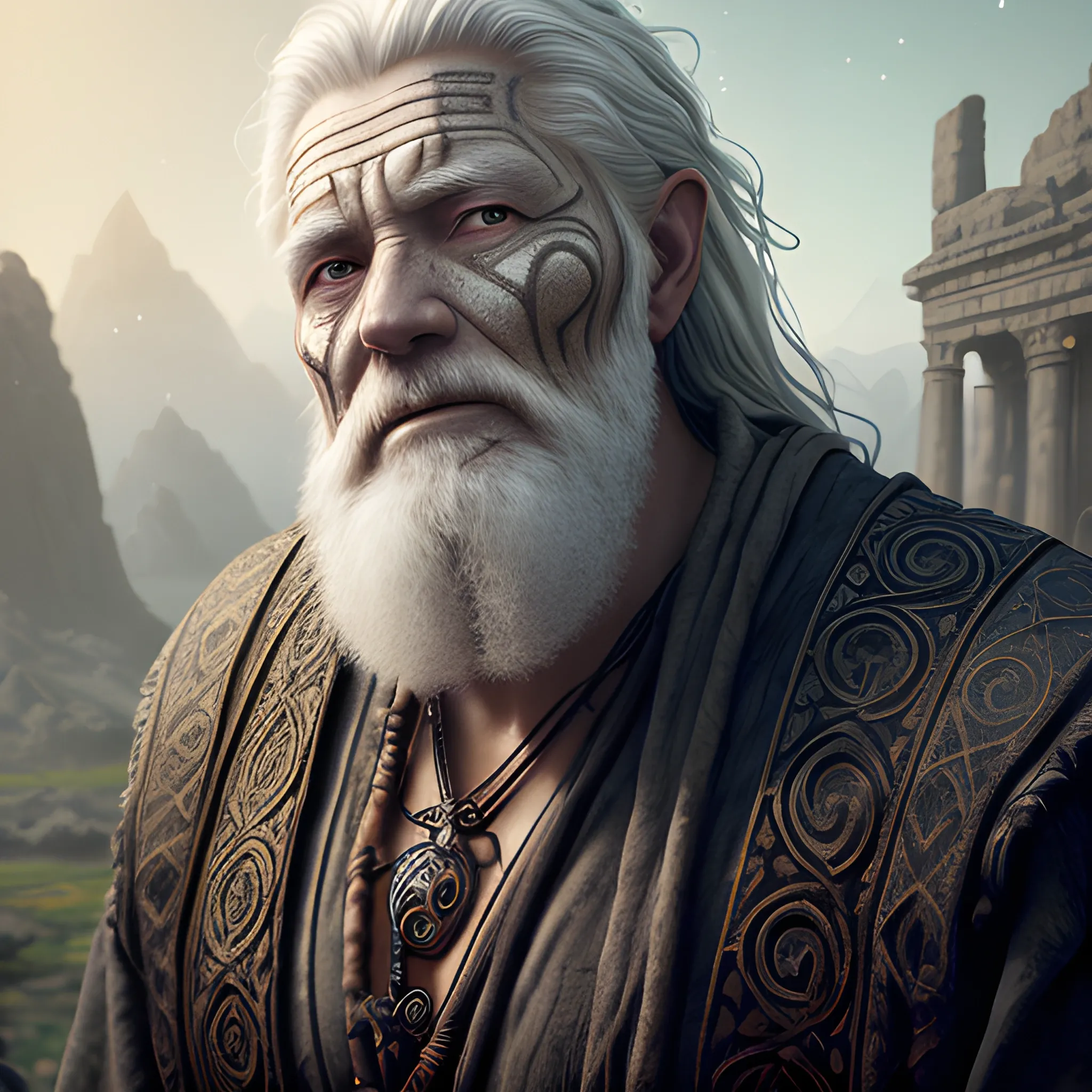 very old man, mystical man, ancient man, runes on face, view above waist, high fantasy, 8k, high resolution, high quality, photorealistic, hyperrealistic, detailed, detailed matte painting, deep color, fantastical, intricate detail, splash screen, complementary colors, fantasy concept art, 8k resolution trending on Artstation Unreal Engine