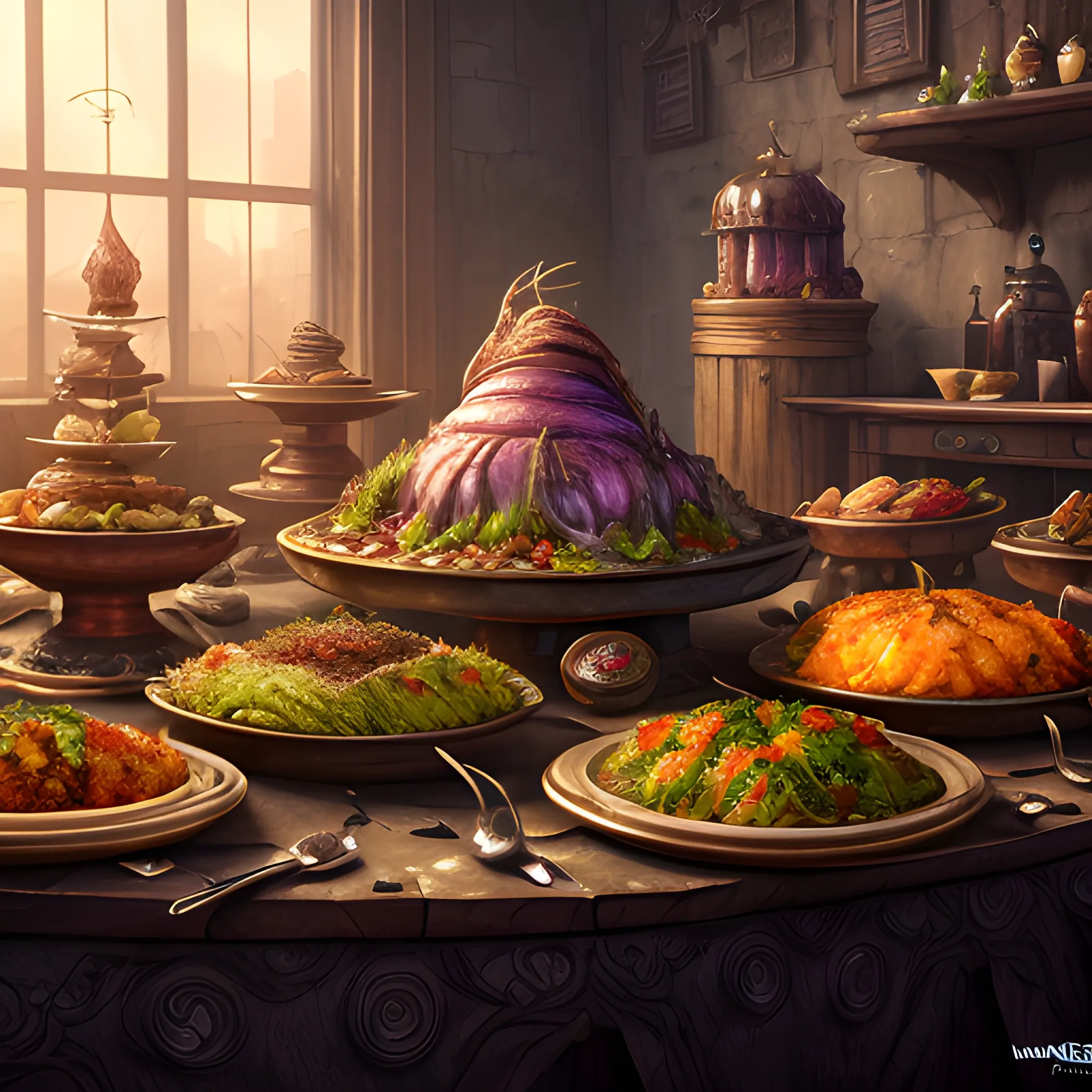 food table with weird dishes, high fantasy, 8k, high resolution, high quality, photorealistic, hyperrealistic, detailed, detailed matte painting, deep color, fantastical, intricate detail, splash screen, complementary colors, fantasy concept art, 8k resolution trending on Artstation Unreal Engine