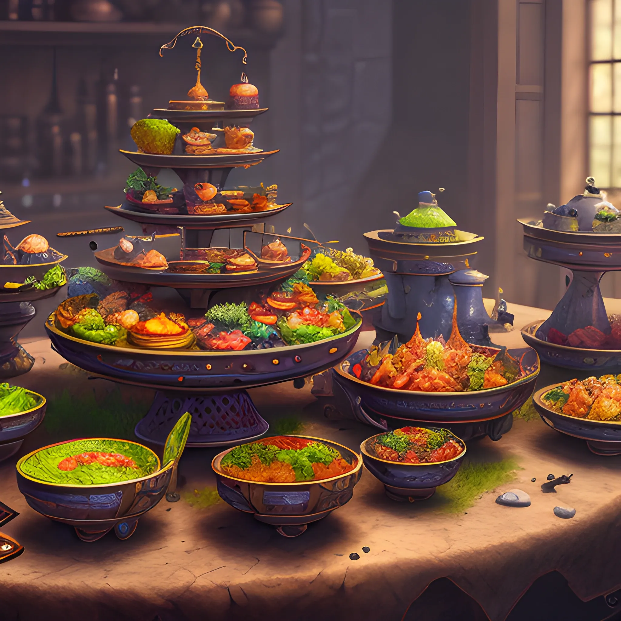 food table with poison dishes, high fantasy, 8k, high resolution, high quality, photorealistic, hyperrealistic, detailed, detailed matte painting, deep color, fantastical, intricate detail, splash screen, complementary colors, fantasy concept art, 8k resolution trending on Artstation Unreal Engine