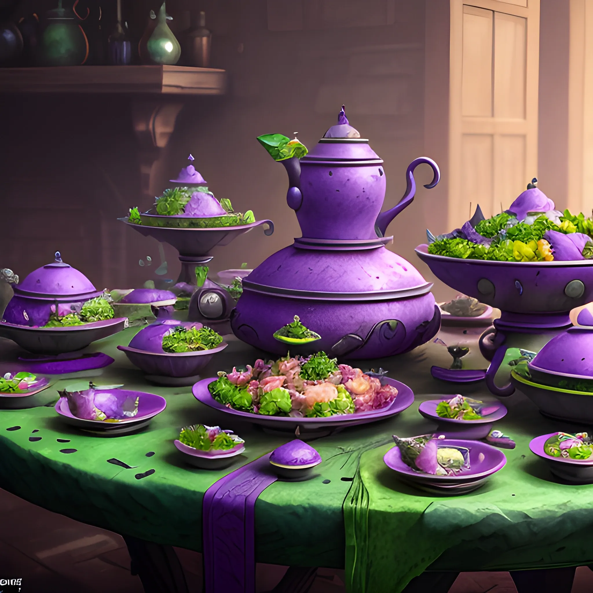 food table with poison dishes, violet dishes, green dishes, high fantasy, 8k, high resolution, high quality, photorealistic, hyperrealistic, detailed, detailed matte painting, deep color, fantastical, intricate detail, splash screen, complementary colors, fantasy concept art, 8k resolution trending on Artstation Unreal Engine