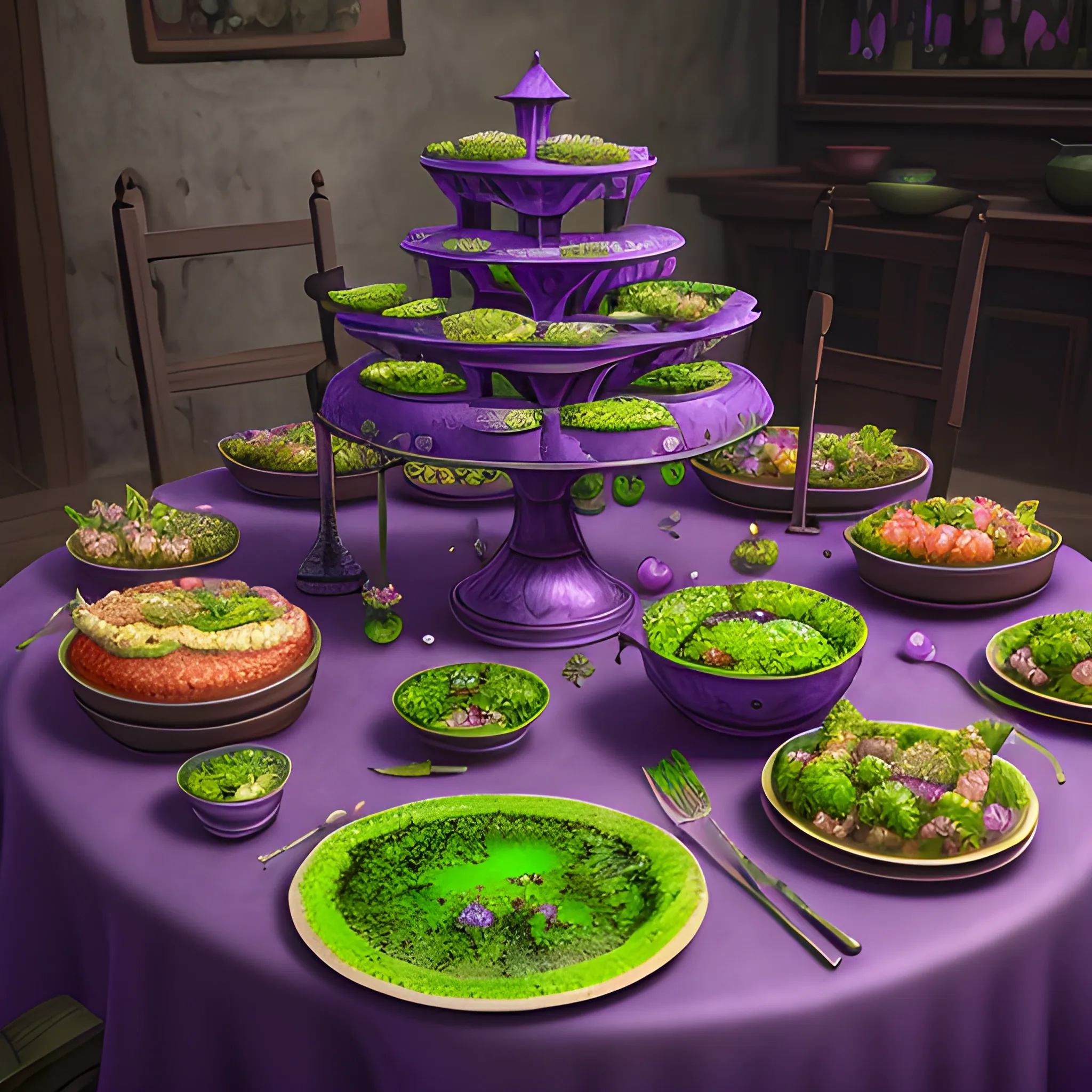 food table with poison dishes, violet dishes, green dishes, high fantasy, 8k, high resolution, high quality, photorealistic, hyperrealistic, detailed, detailed matte painting, deep color, fantastical, intricate detail, splash screen, complementary colors, fantasy concept art, 8k resolution trending on Artstation Unreal Engine