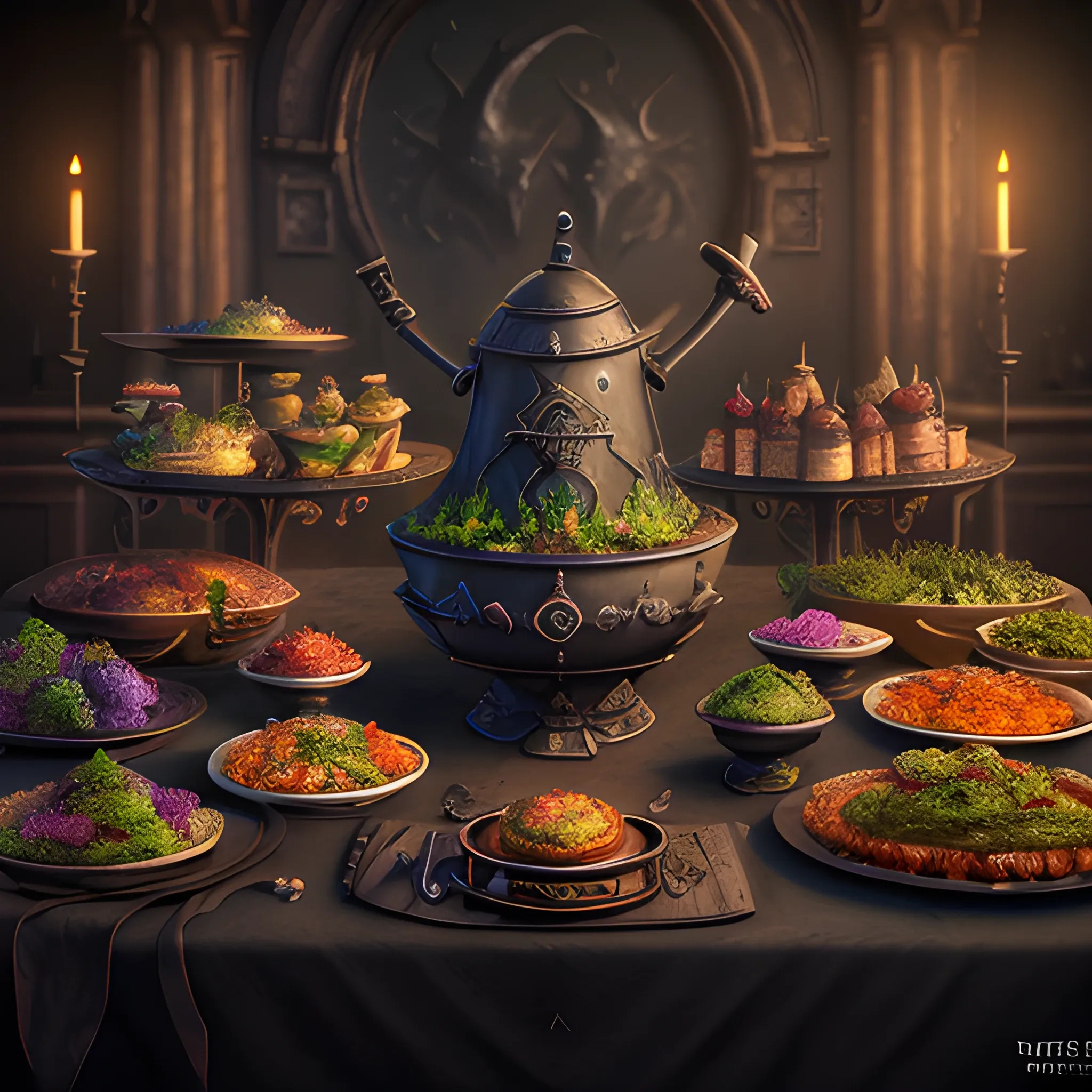 food table with poison dishes, dark food, evil food, 8k, high resolution, high quality, photorealistic, hyperrealistic, detailed, detailed matte painting, deep color, fantastical, intricate detail, splash screen, complementary colors, fantasy concept art, 8k resolution trending on Artstation Unreal Engine