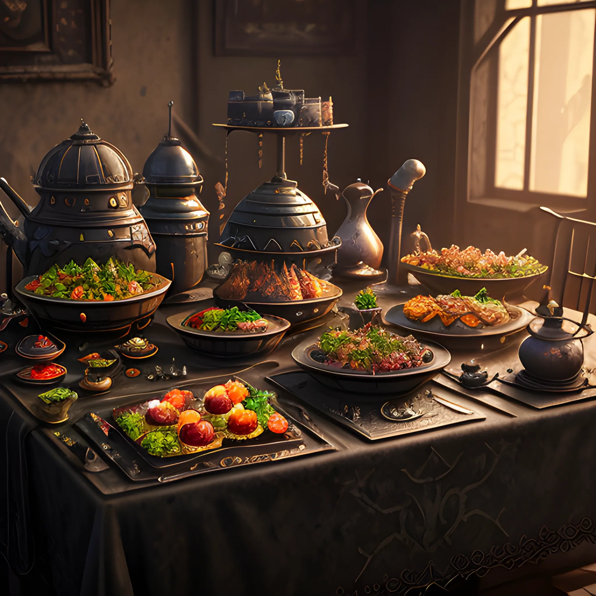 food table with poison dishes, dark food, evil food, 8k, high resolution, high quality, photorealistic, hyperrealistic, detailed, detailed matte painting, deep color, fantastical, intricate detail, splash screen, complementary colors, fantasy concept art, 8k resolution trending on Artstation Unreal Engine
