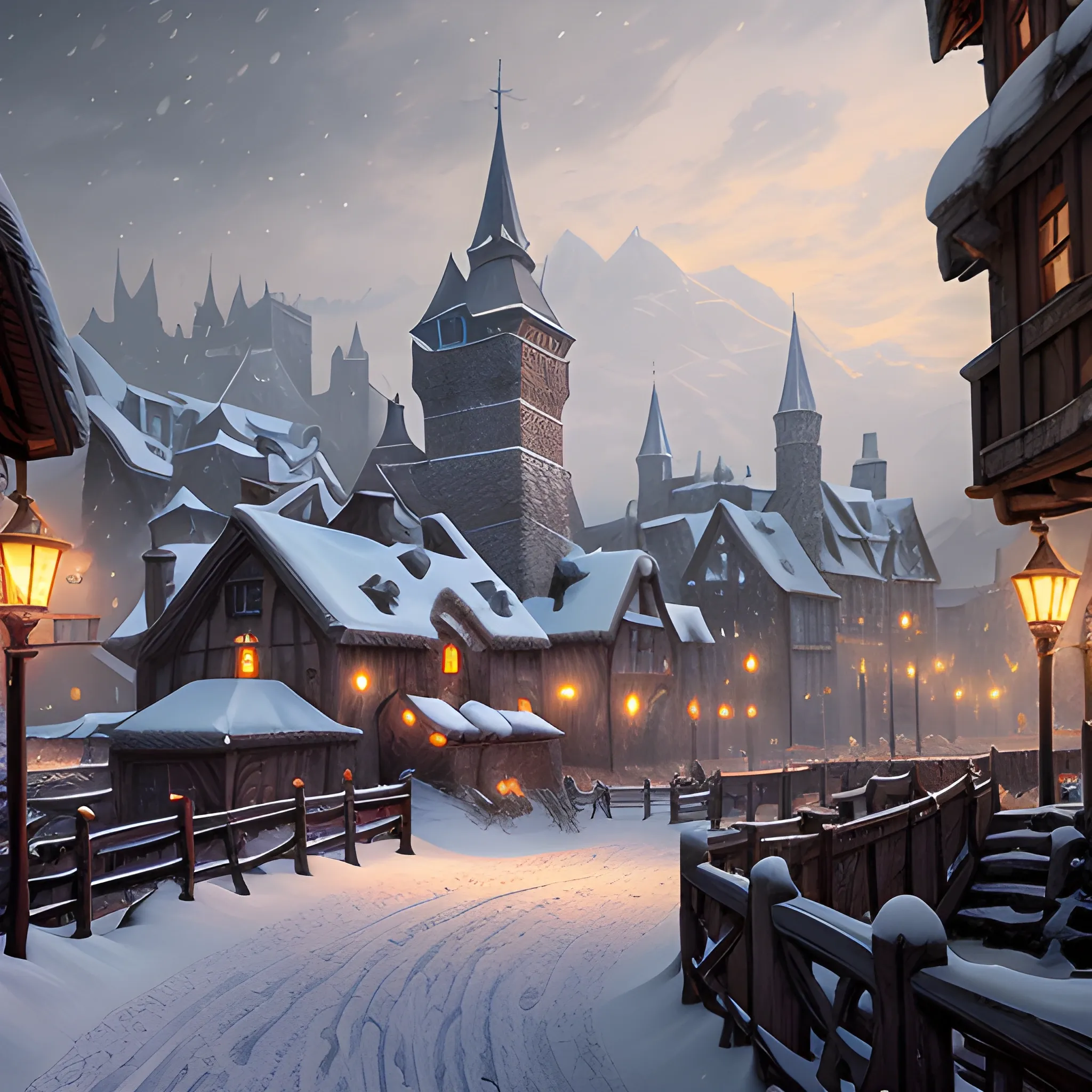 snowstorm in medieval town, 8k, high resolution, high quality, photorealistic, hyperrealistic, detailed, detailed matte painting, deep color, fantastical, intricate detail, splash screen, complementary colors, fantasy concept art, 8k resolution trending on Artstation Unreal Engine