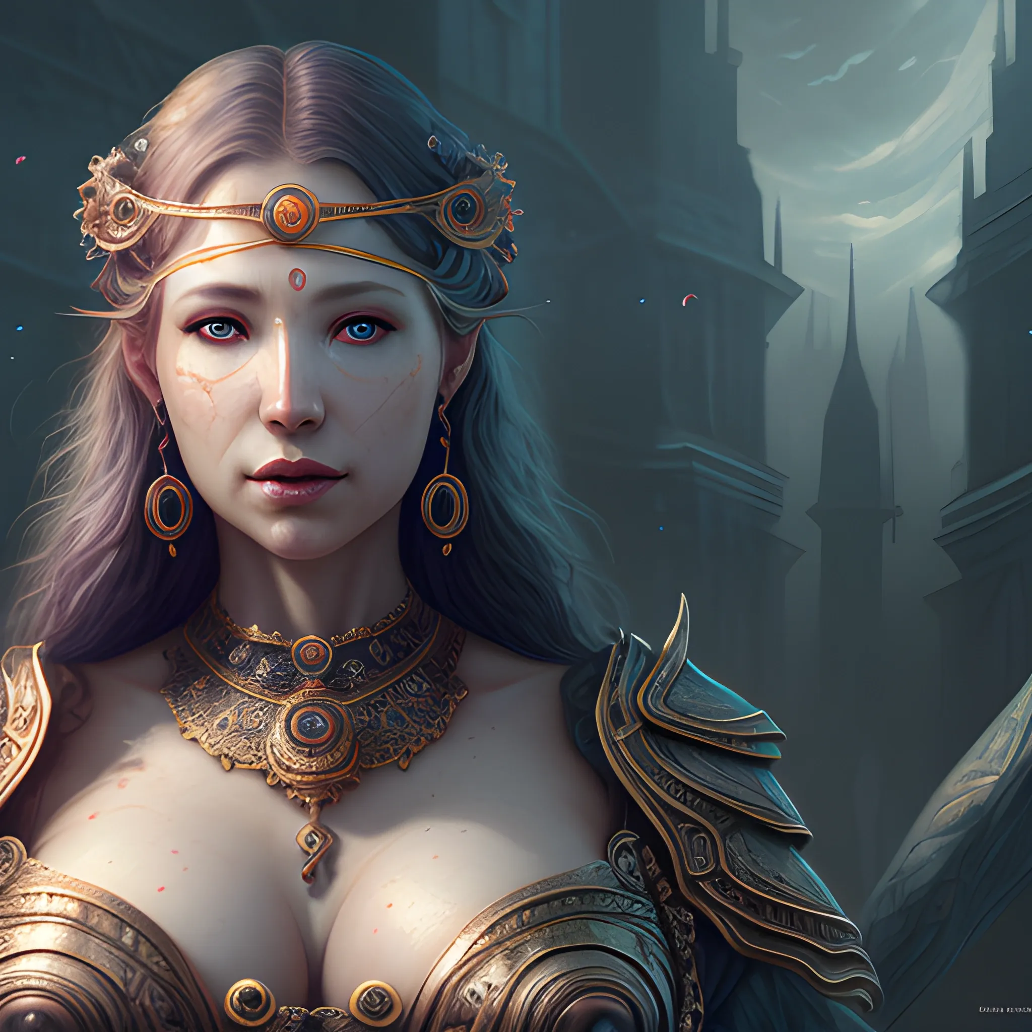 blind oracle, beautiful woman, view above waist, breasty, 8k, high resolution, high quality, photorealistic, hyperrealistic, detailed, detailed matte painting, deep color, fantastical, intricate detail, splash screen, complementary colors, fantasy concept art, 8k resolution trending on Artstation Unreal Engine