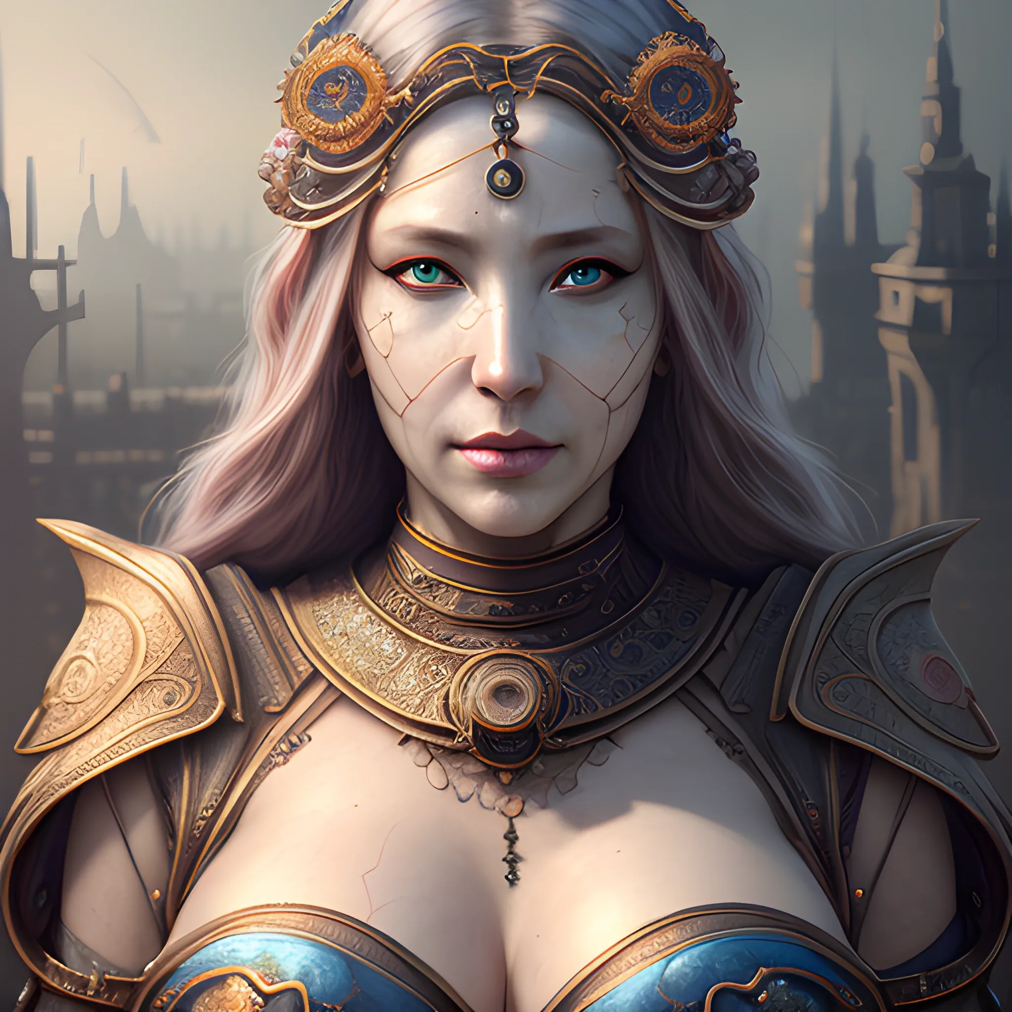 blind oracle, beautiful woman, view above waist, breasty, 8k, high resolution, high quality, photorealistic, hyperrealistic, detailed, detailed matte painting, deep color, fantastical, intricate detail, splash screen, complementary colors, fantasy concept art, 8k resolution trending on Artstation Unreal Engine