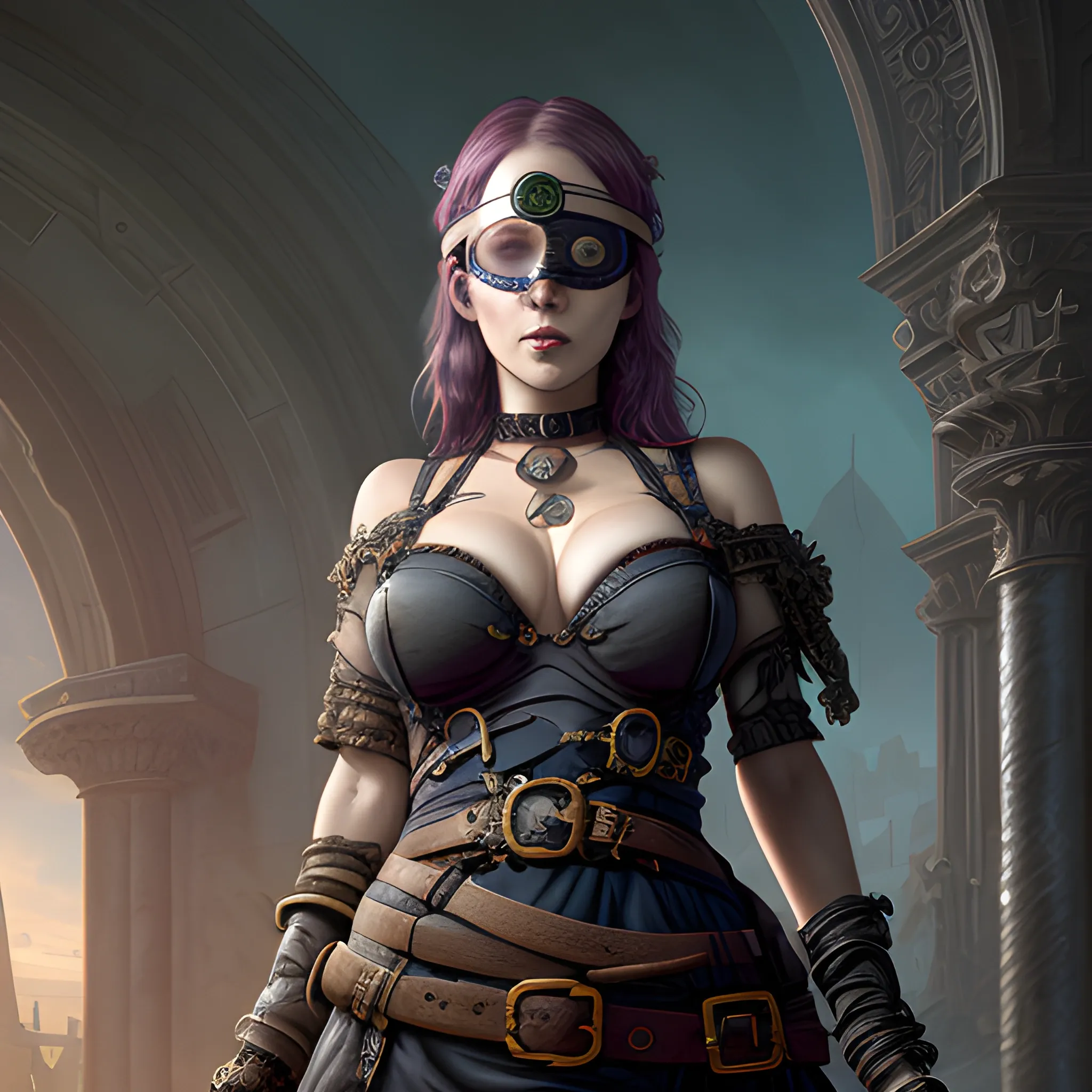 eye patch, blind oracle, beautiful woman, view above waist, breasty, 8k, high resolution, high quality, photorealistic, hyperrealistic, detailed, detailed matte painting, deep color, fantastical, intricate detail, splash screen, complementary colors, fantasy concept art, 8k resolution trending on Artstation Unreal Engine