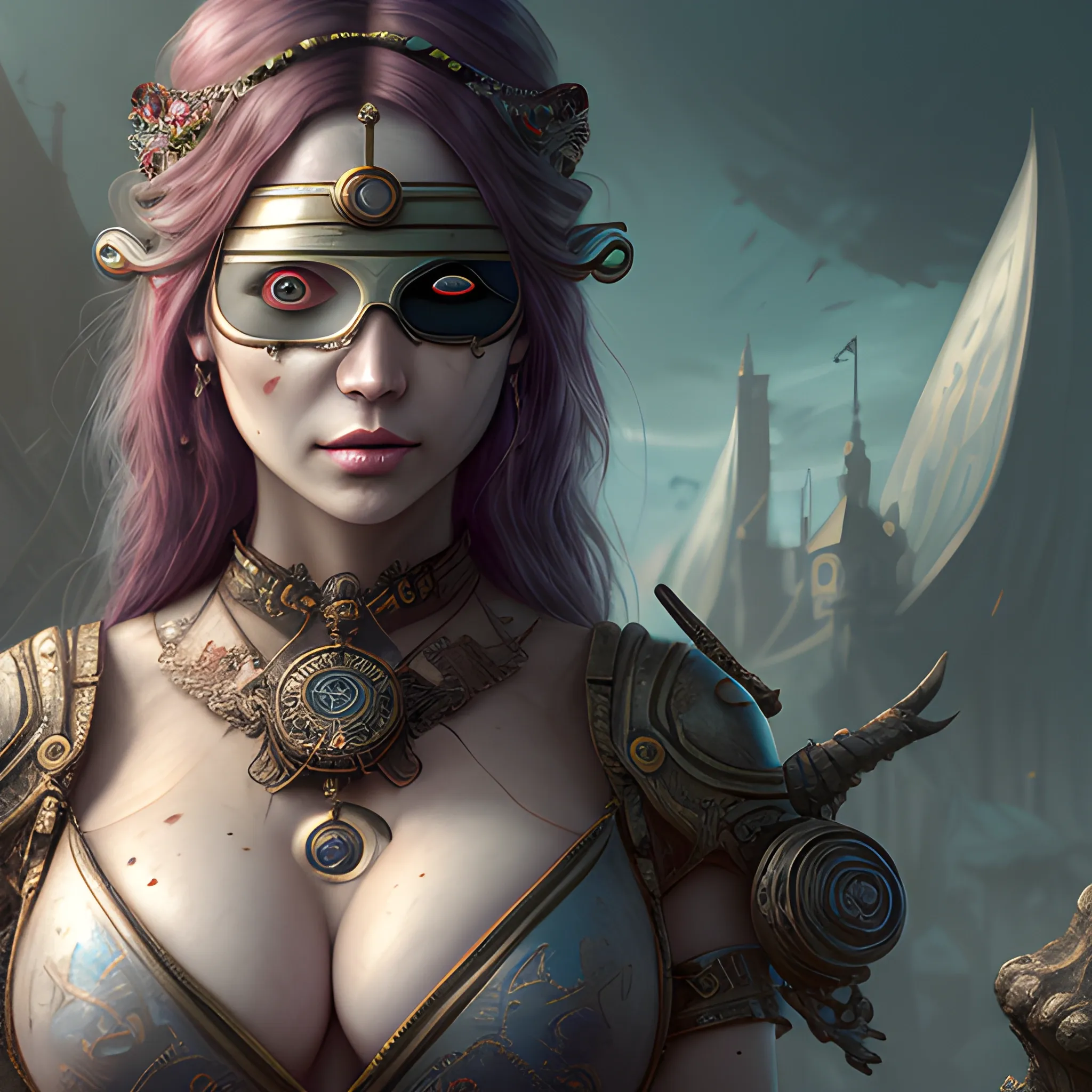 eye patch, blind oracle, beautiful woman, view above waist, breasty, 8k, high resolution, high quality, photorealistic, hyperrealistic, detailed, detailed matte painting, deep color, fantastical, intricate detail, splash screen, complementary colors, fantasy concept art, 8k resolution trending on Artstation Unreal Engine