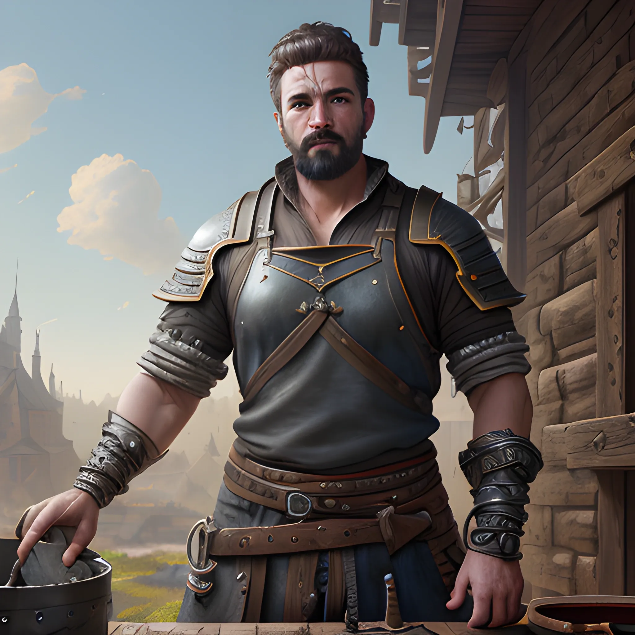 blacksmith, male, view above waist, 8k, high resolution, high quality, photorealistic, hyperrealistic, detailed, detailed matte painting, deep color, fantastical, intricate detail, splash screen, complementary colors, fantasy concept art, 8k resolution trending on Artstation Unreal Engine