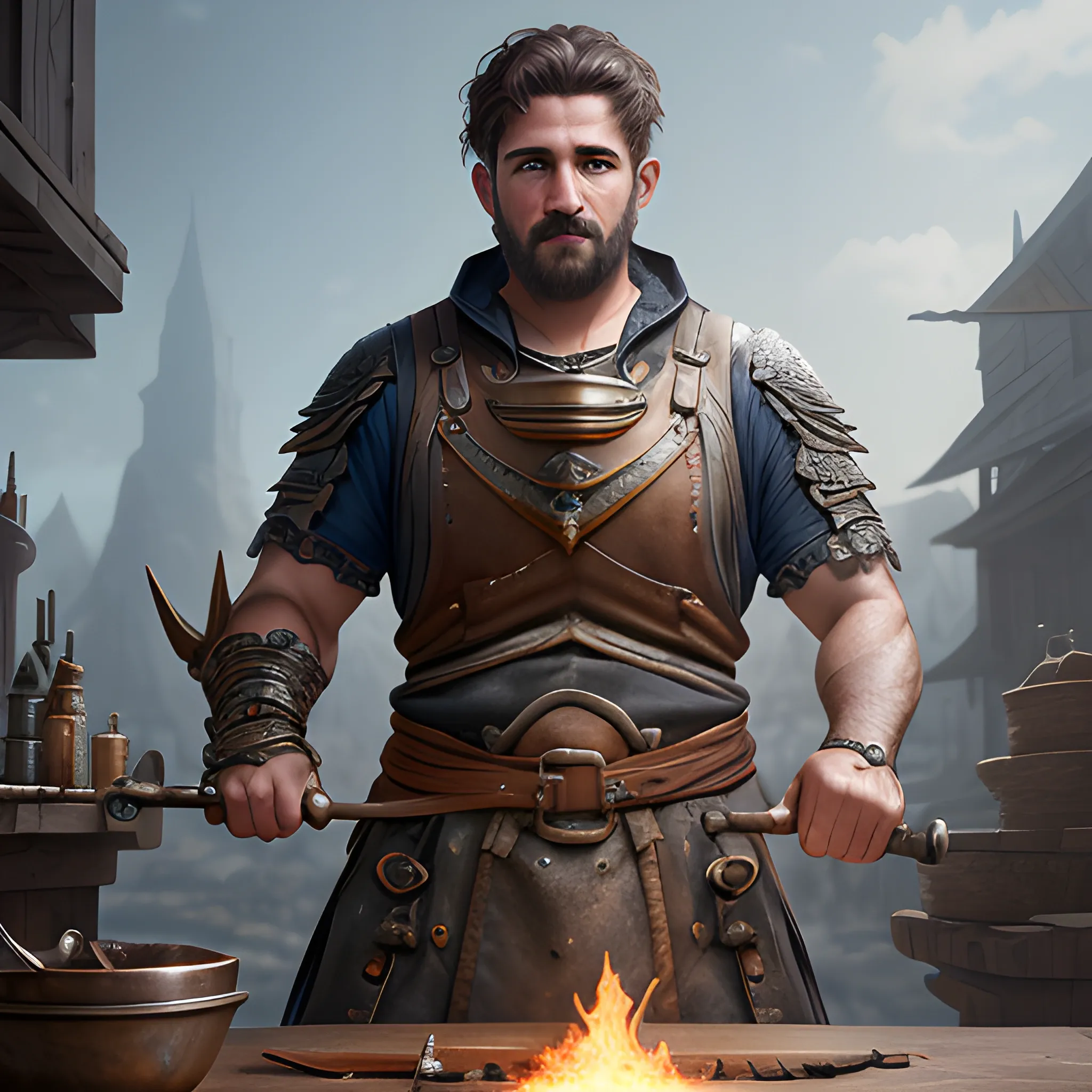 blacksmith, male, view above waist, 8k, high resolution, high quality, photorealistic, hyperrealistic, detailed, detailed matte painting, deep color, fantastical, intricate detail, splash screen, complementary colors, fantasy concept art, 8k resolution trending on Artstation Unreal Engine