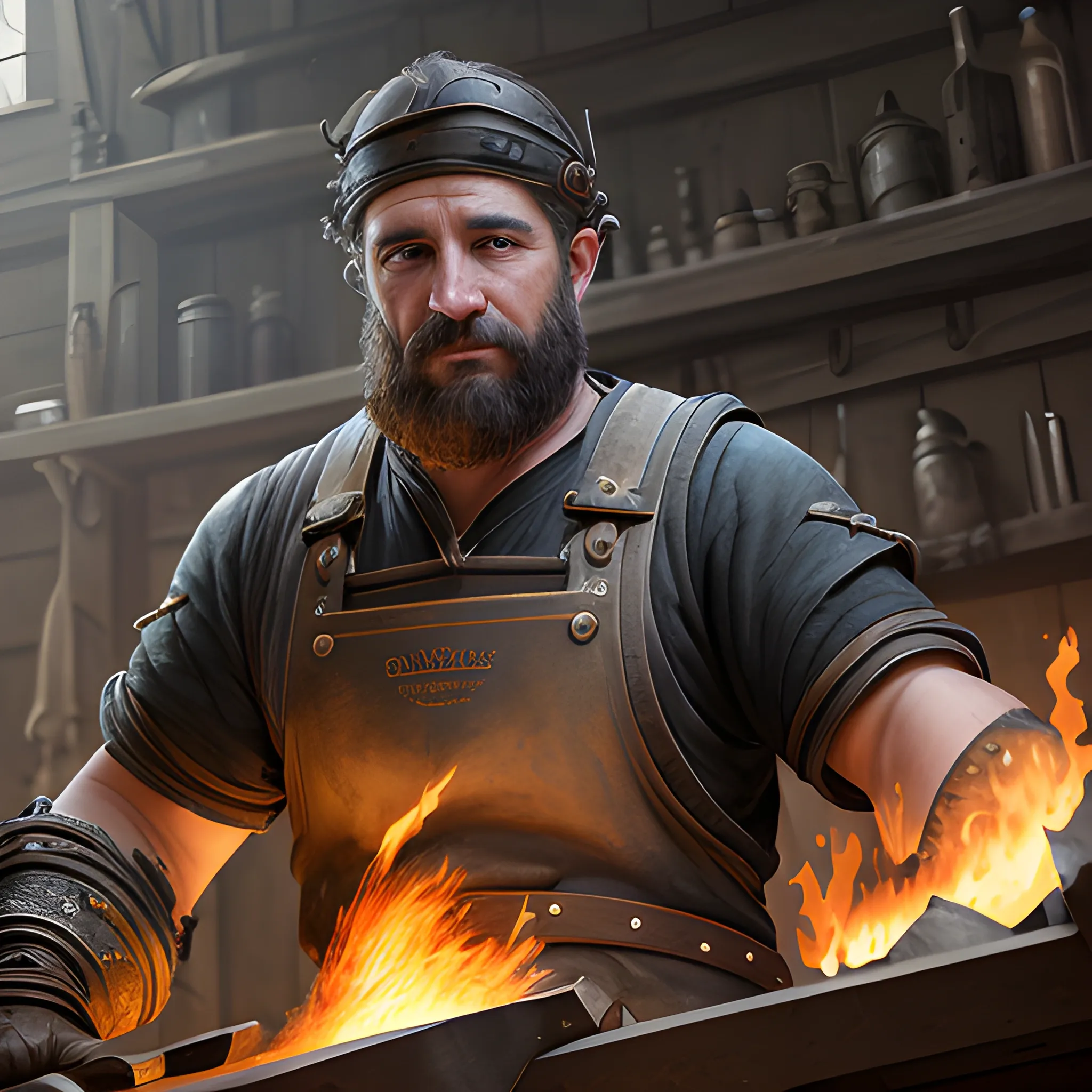 blacksmith, blacksmith is working, male, view above waist, 8k, high resolution, high quality, photorealistic, hyperrealistic, detailed, detailed matte painting, deep color, fantastical, intricate detail, splash screen, complementary colors, fantasy concept art, 8k resolution trending on Artstation Unreal Engine