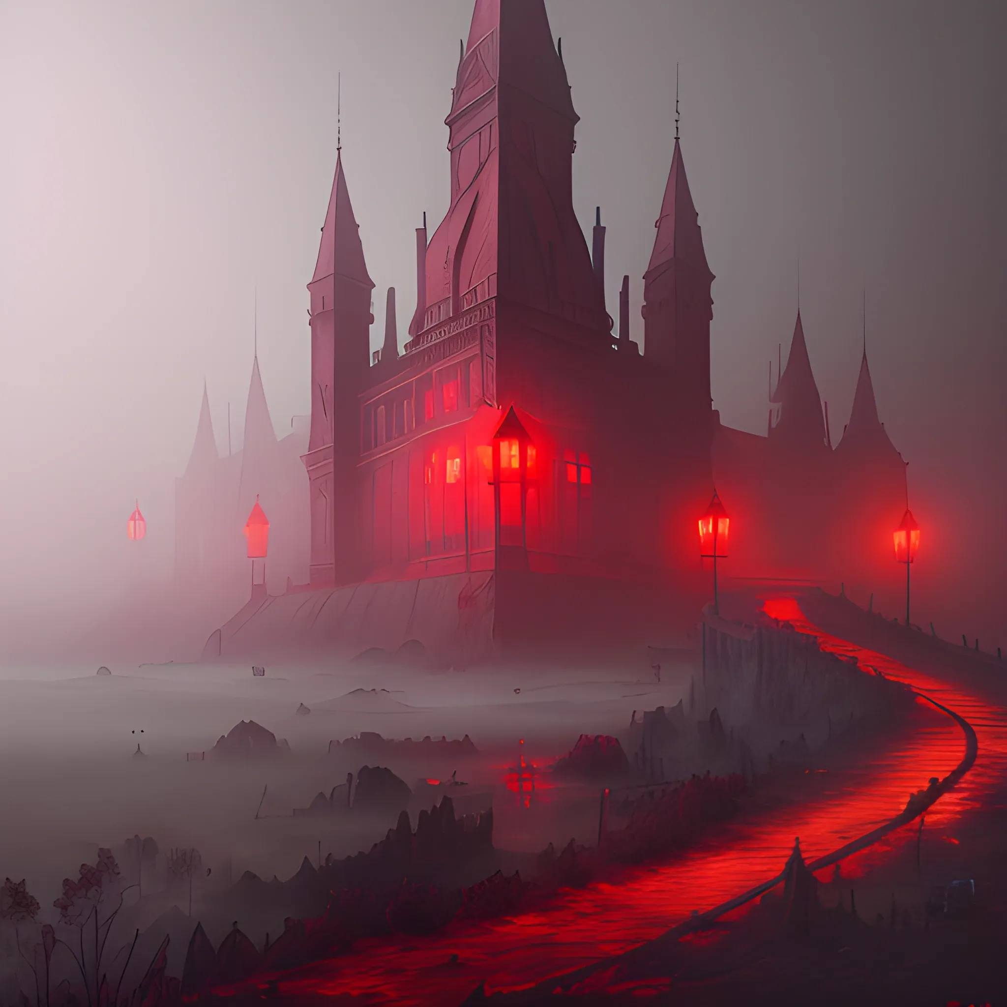 bloody fog, red fog, 8k, high resolution, high quality, photorealistic, hyperrealistic, detailed, detailed matte painting, deep color, fantastical, intricate detail, splash screen, complementary colors, fantasy concept art, 8k resolution trending on Artstation Unreal Engine