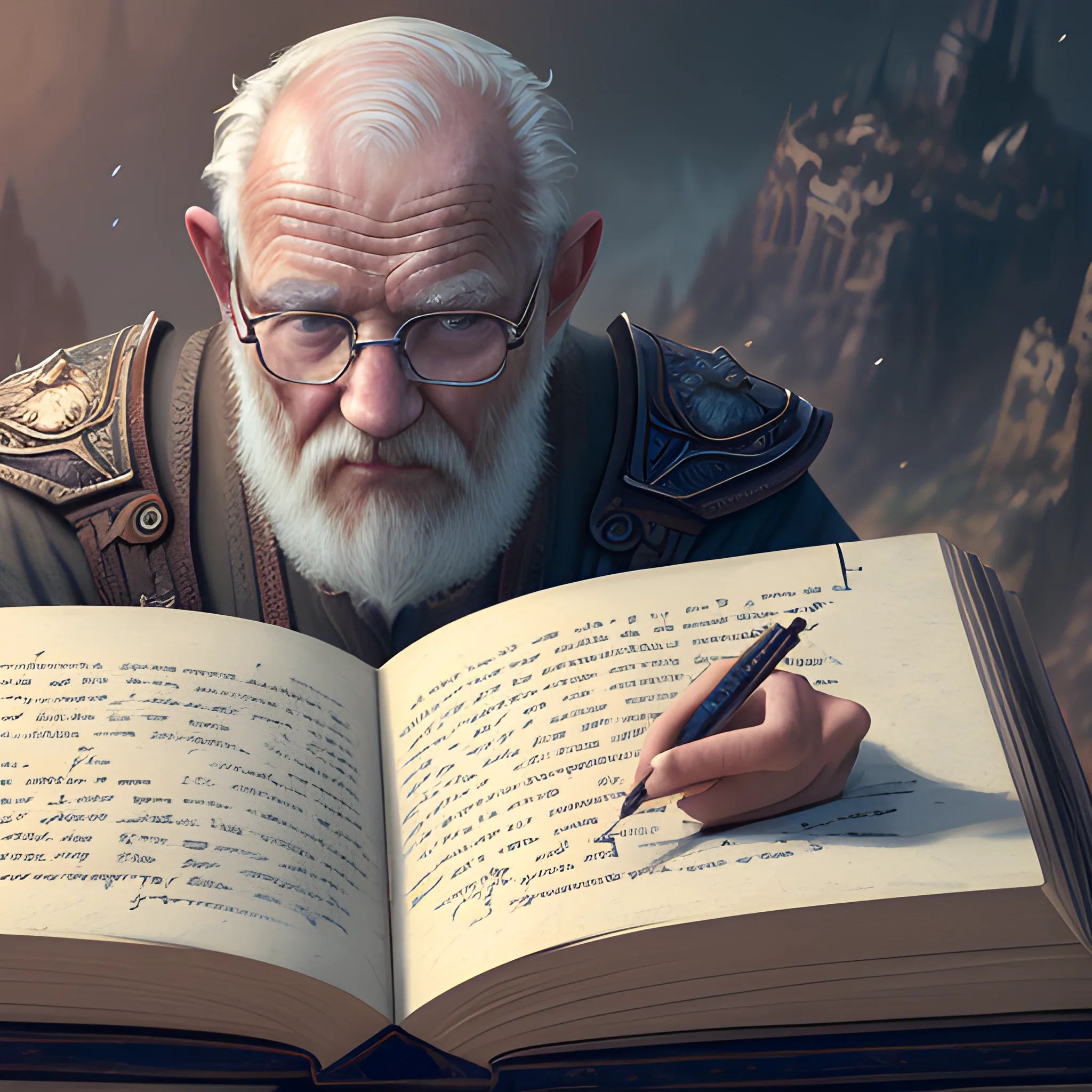 old man writes in the book, view above waist, 8k, high resolution, high quality, photorealistic, hyperrealistic, detailed, detailed matte painting, deep color, fantastical, intricate detail, splash screen, complementary colors, fantasy concept art, 8k resolution trending on Artstation Unreal Engine