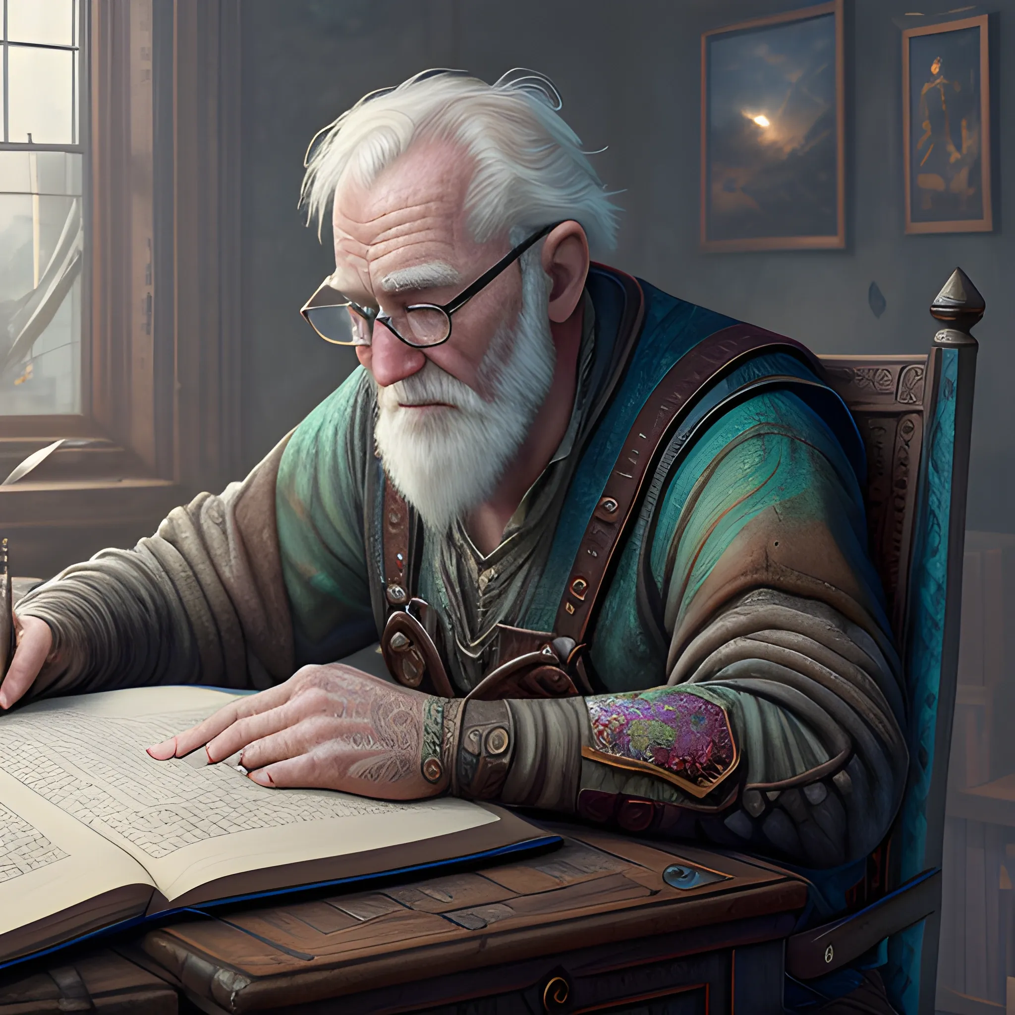 old man is writiing in the book, view above waist, 8k, high resolution, high quality, photorealistic, hyperrealistic, detailed, detailed matte painting, deep color, fantastical, intricate detail, splash screen, complementary colors, fantasy concept art, 8k resolution trending on Artstation Unreal Engine