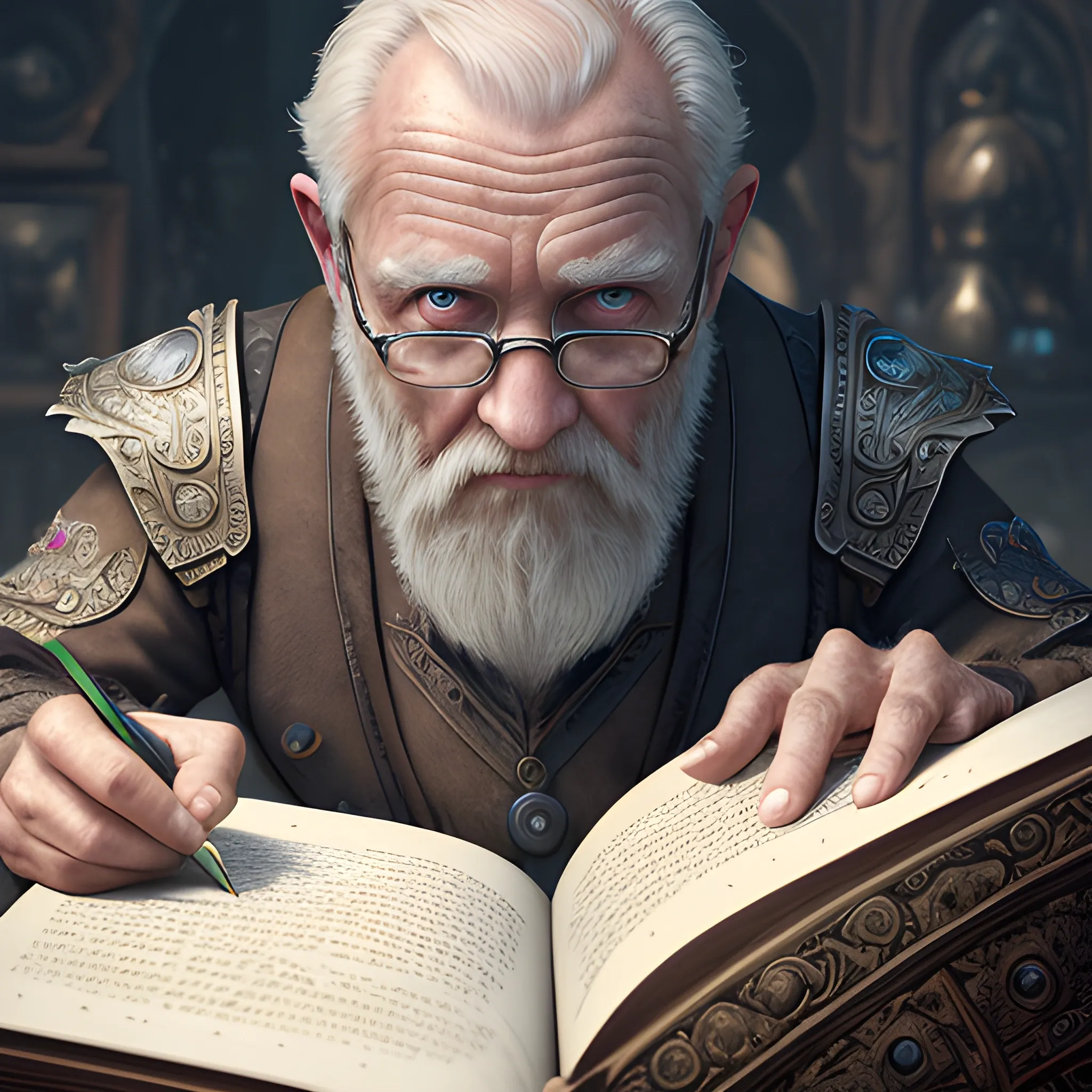 old man is writiing in the book, view above waist, 8k, high resolution, high quality, photorealistic, hyperrealistic, detailed, detailed matte painting, deep color, fantastical, intricate detail, splash screen, complementary colors, fantasy concept art, 8k resolution trending on Artstation Unreal Engine