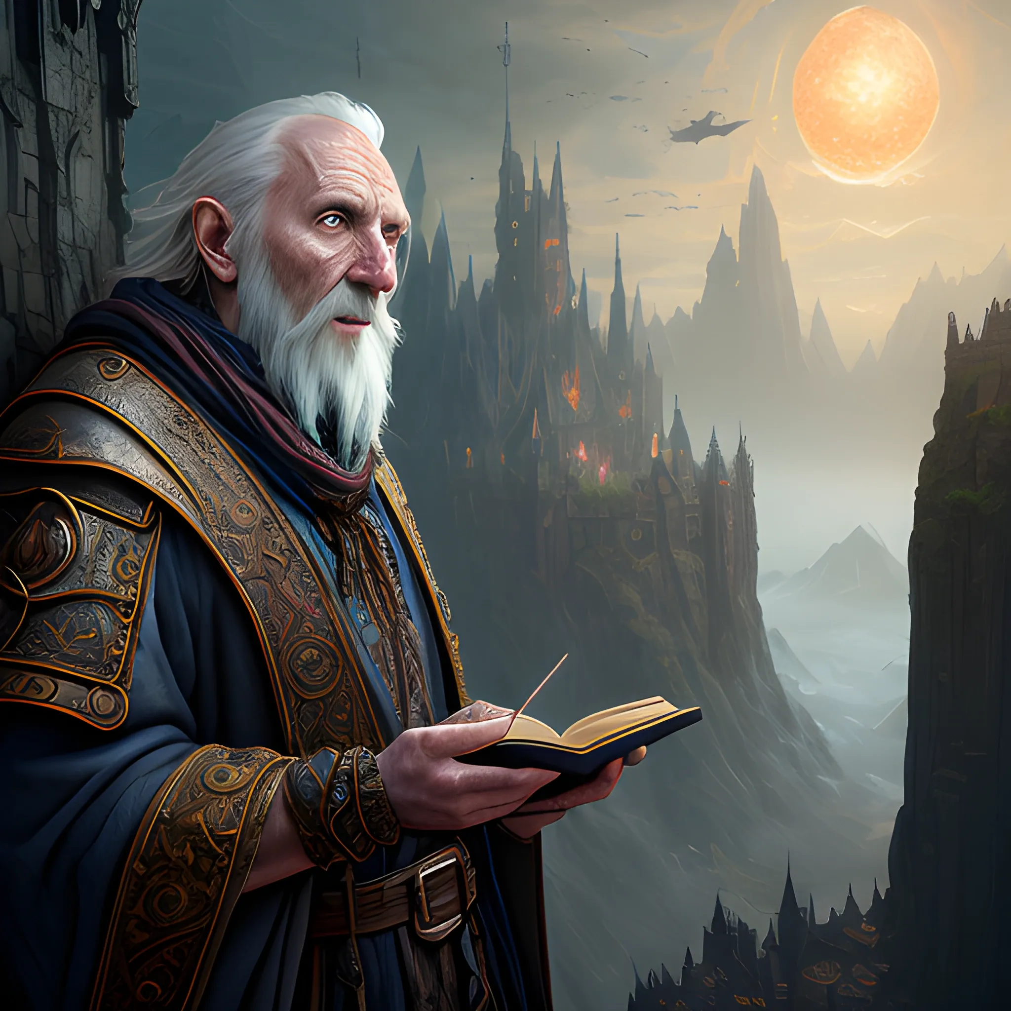 old sorcerer is writiing in the book, view above waist, 8k, high resolution, high quality, photorealistic, hyperrealistic, detailed, detailed matte painting, deep color, fantastical, intricate detail, splash screen, complementary colors, fantasy concept art, 8k resolution trending on Artstation Unreal Engine