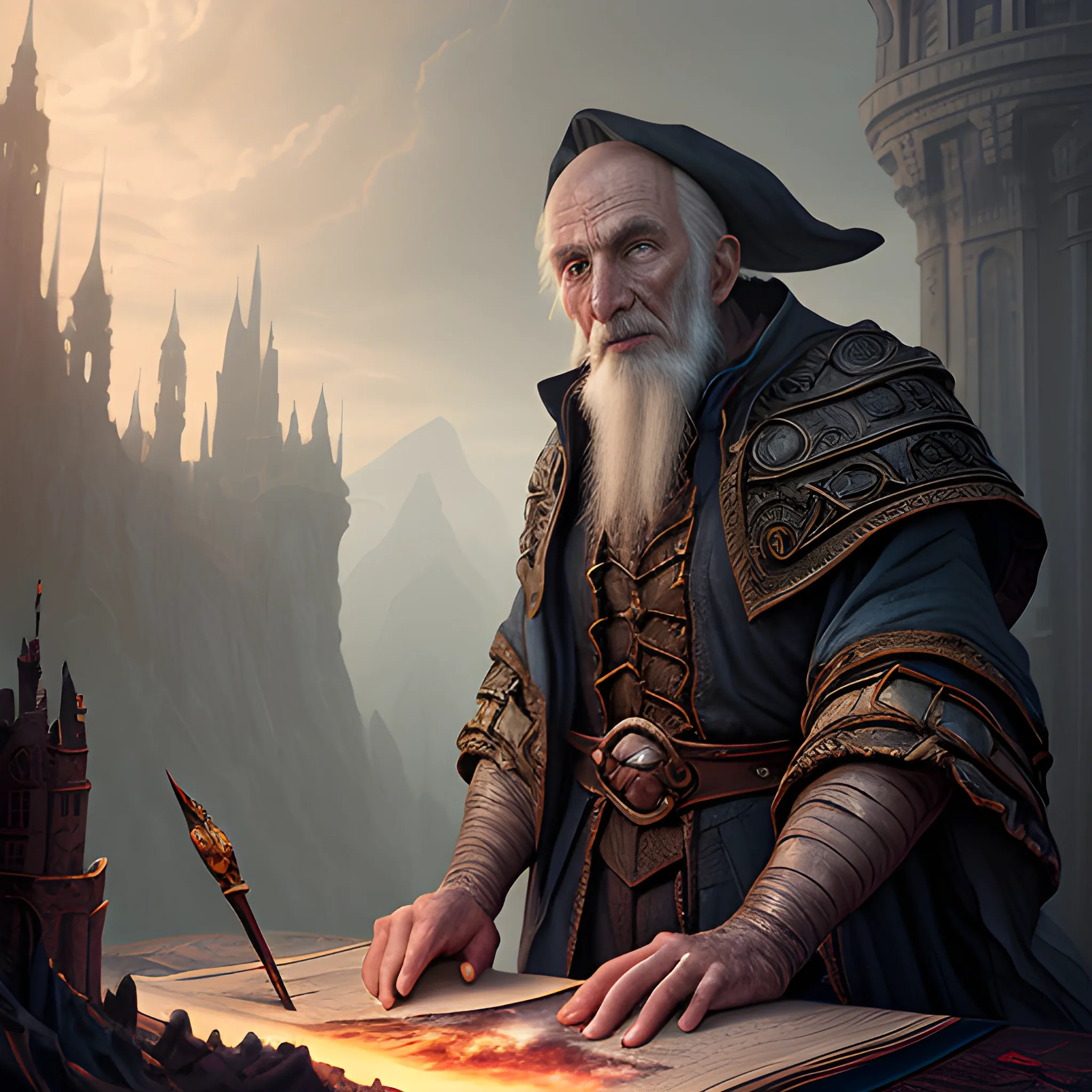 old sorcerer is writiing in the book, view above waist, 8k, high resolution, high quality, photorealistic, hyperrealistic, detailed, detailed matte painting, deep color, fantastical, intricate detail, splash screen, complementary colors, fantasy concept art, 8k resolution trending on Artstation Unreal Engine