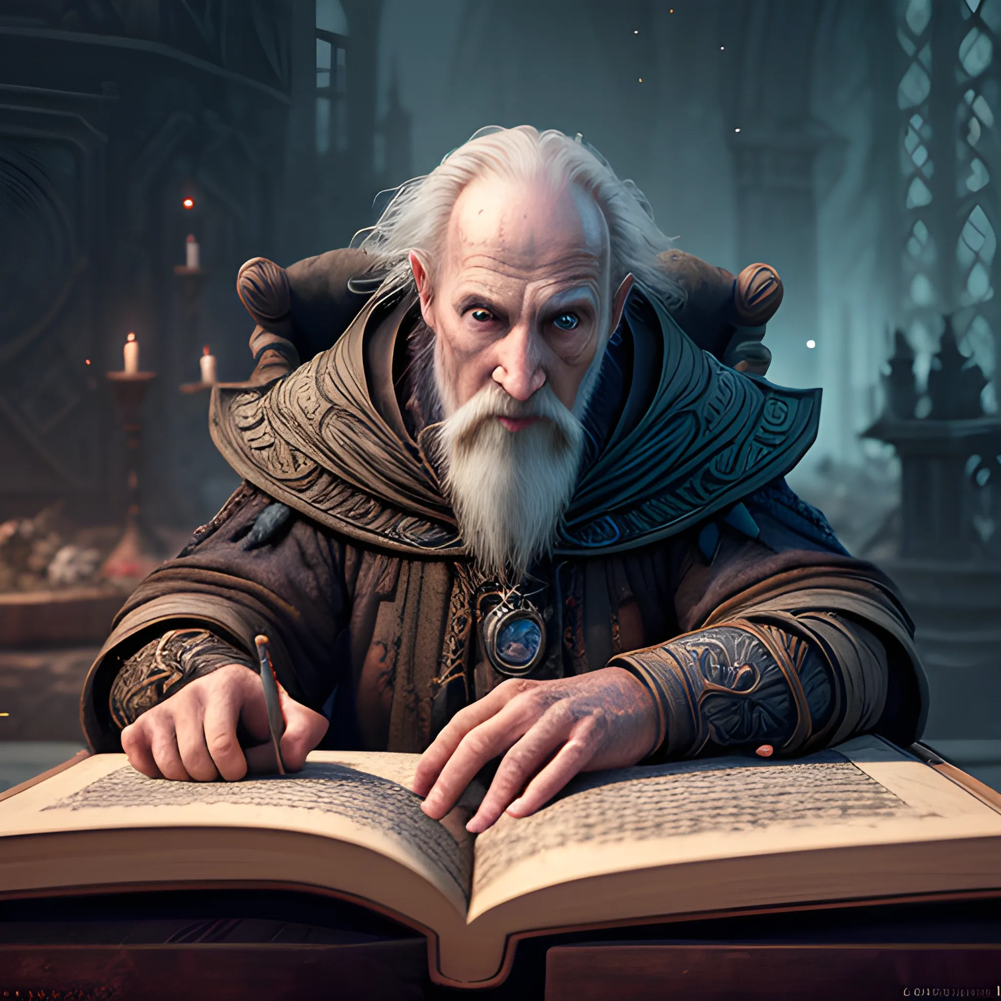 old sorcerer is writiing in the book, view above waist, 8k, high resolution, high quality, photorealistic, hyperrealistic, detailed, detailed matte painting, deep color, fantastical, intricate detail, splash screen, complementary colors, fantasy concept art, 8k resolution trending on Artstation Unreal Engine