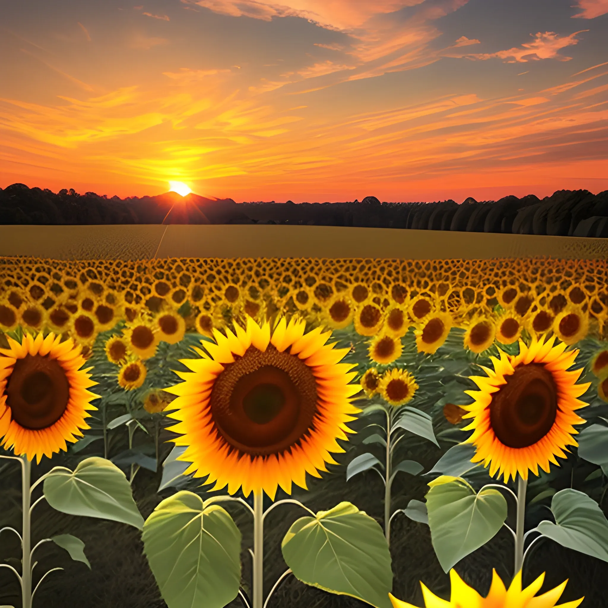 field of sunflowers, sunset