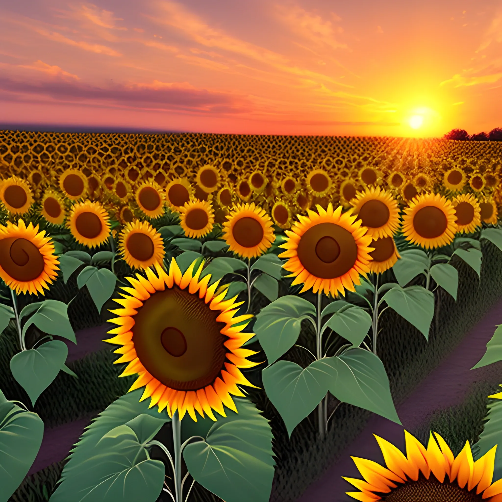 field of sunflowers, sunset, 3D