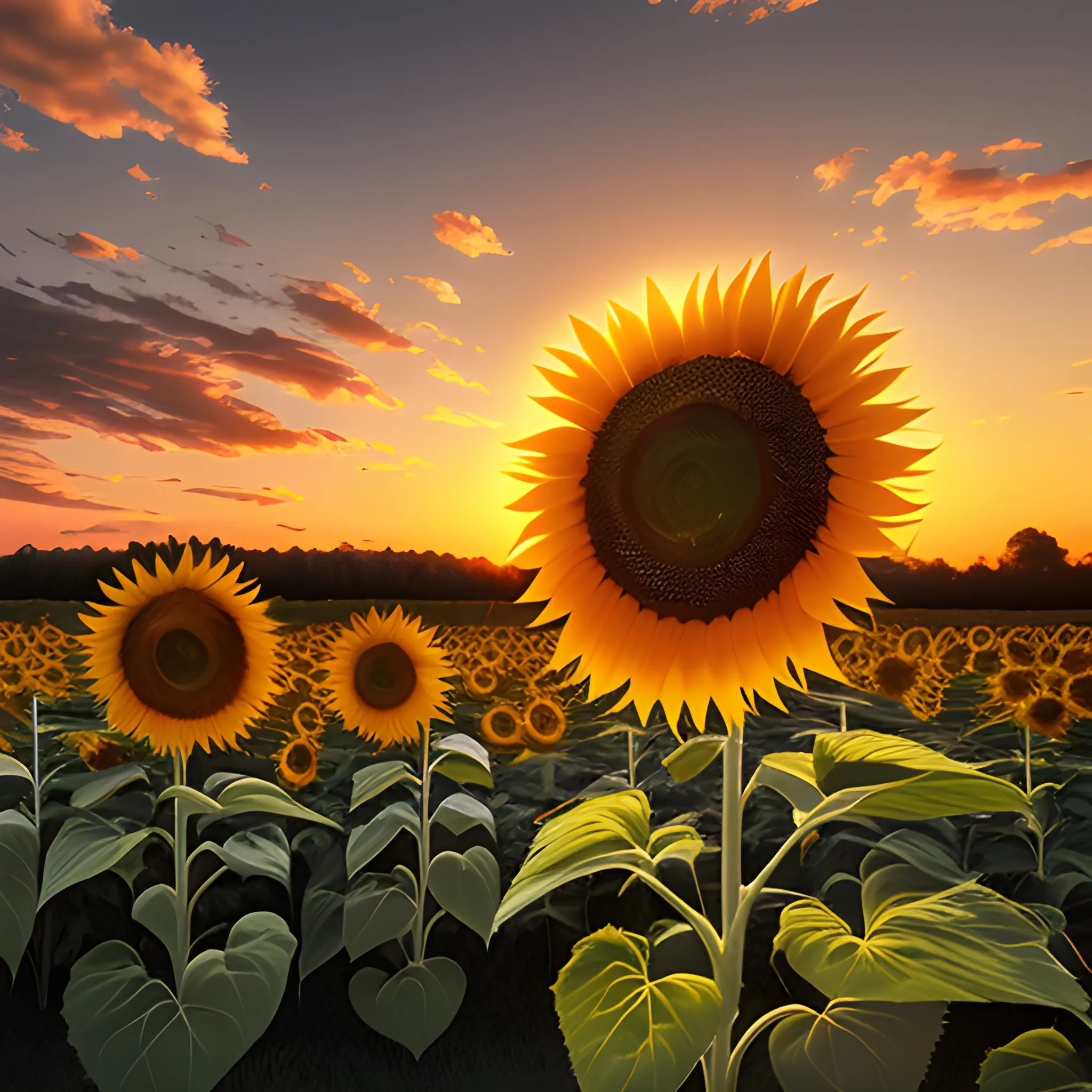 sunflowers moving in the wind in a sunset