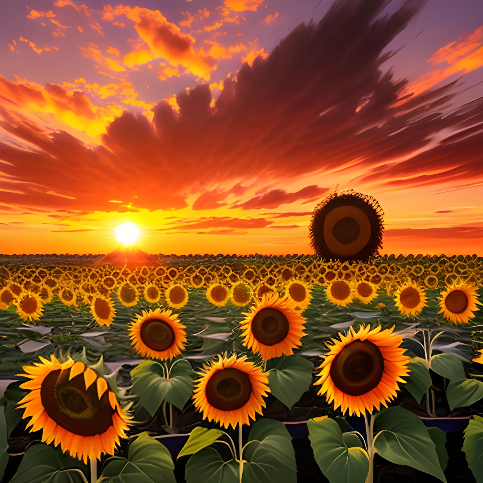 sunflowers moving in the wind in a sunset, cat