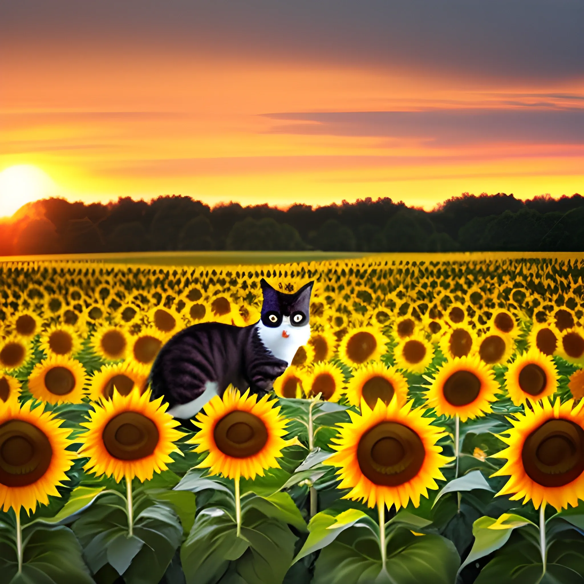 cat in field sunflowers moving to the wind in a sunset