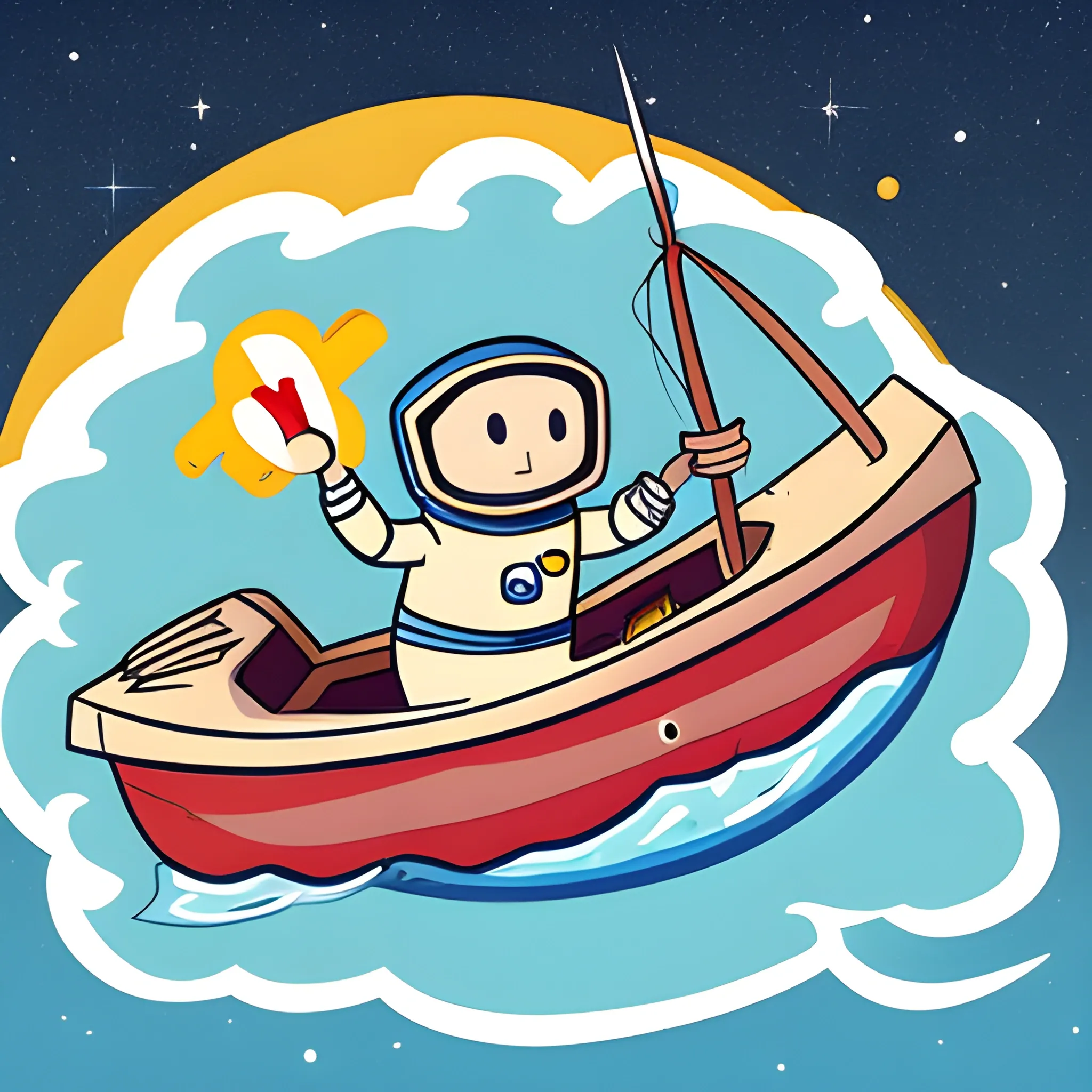 cartoonish astronaut steering a rudder of a ship